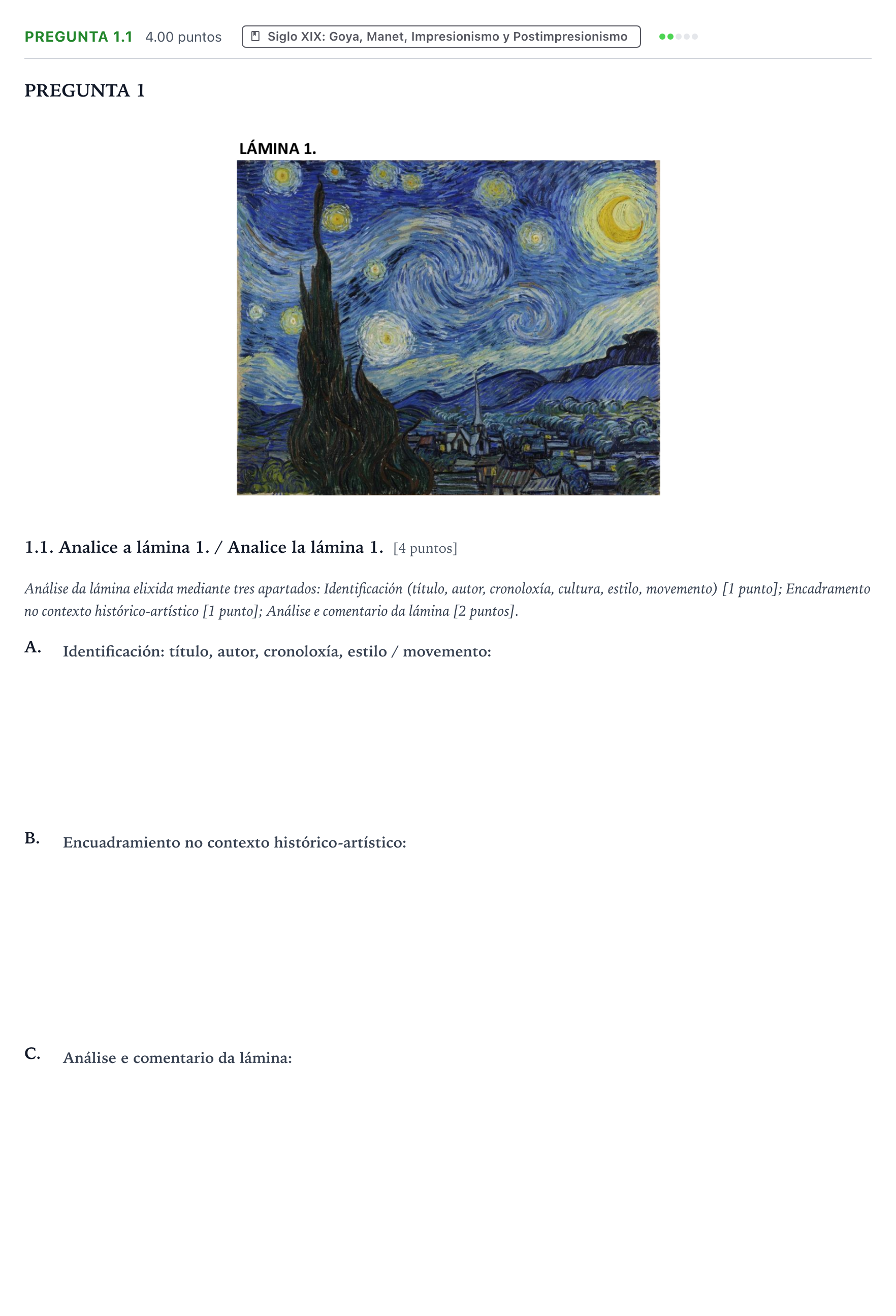 Enunciado: Pregunta 1.1 · Historia del Arte PAU Galicia Extraordinaria 2023