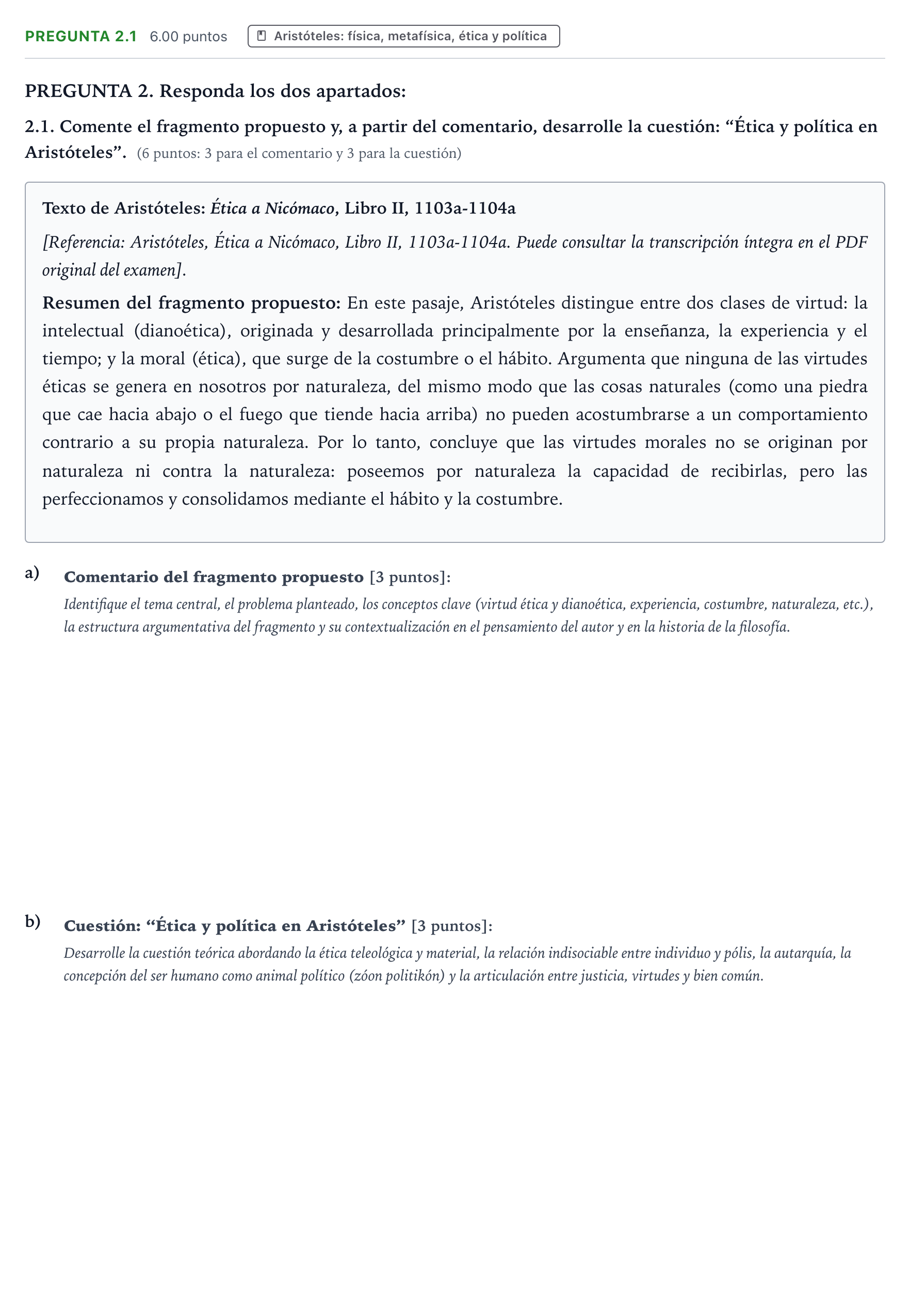 Enunciado: Pregunta 2.1 · Historia de la Filosofía PAU Galicia Extraordinaria 2023