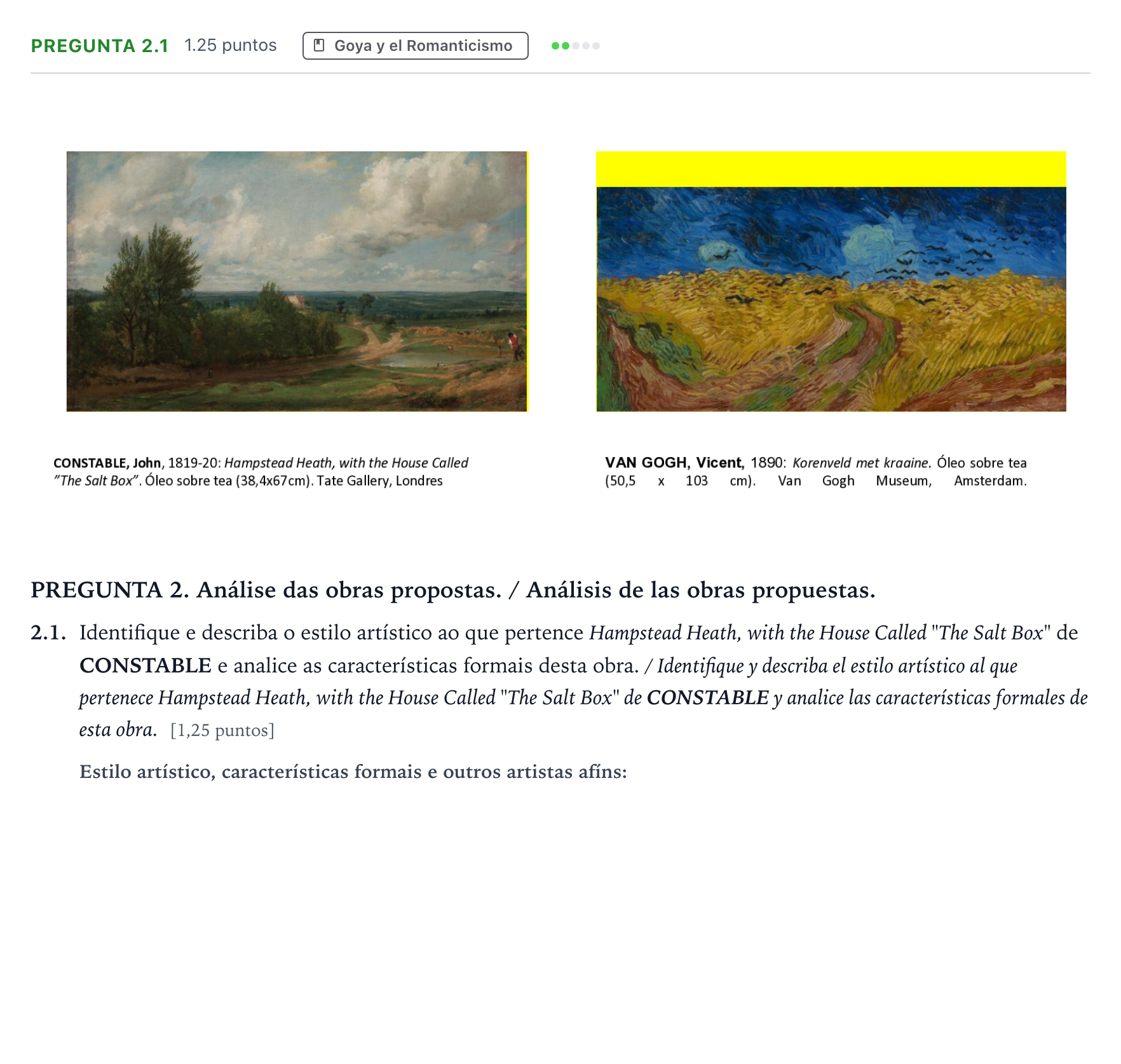 Enunciado: Pregunta 2.1 - Goya y el Romanticismo · Fundamentos Artísticos PAU Galicia Ordinaria 2023