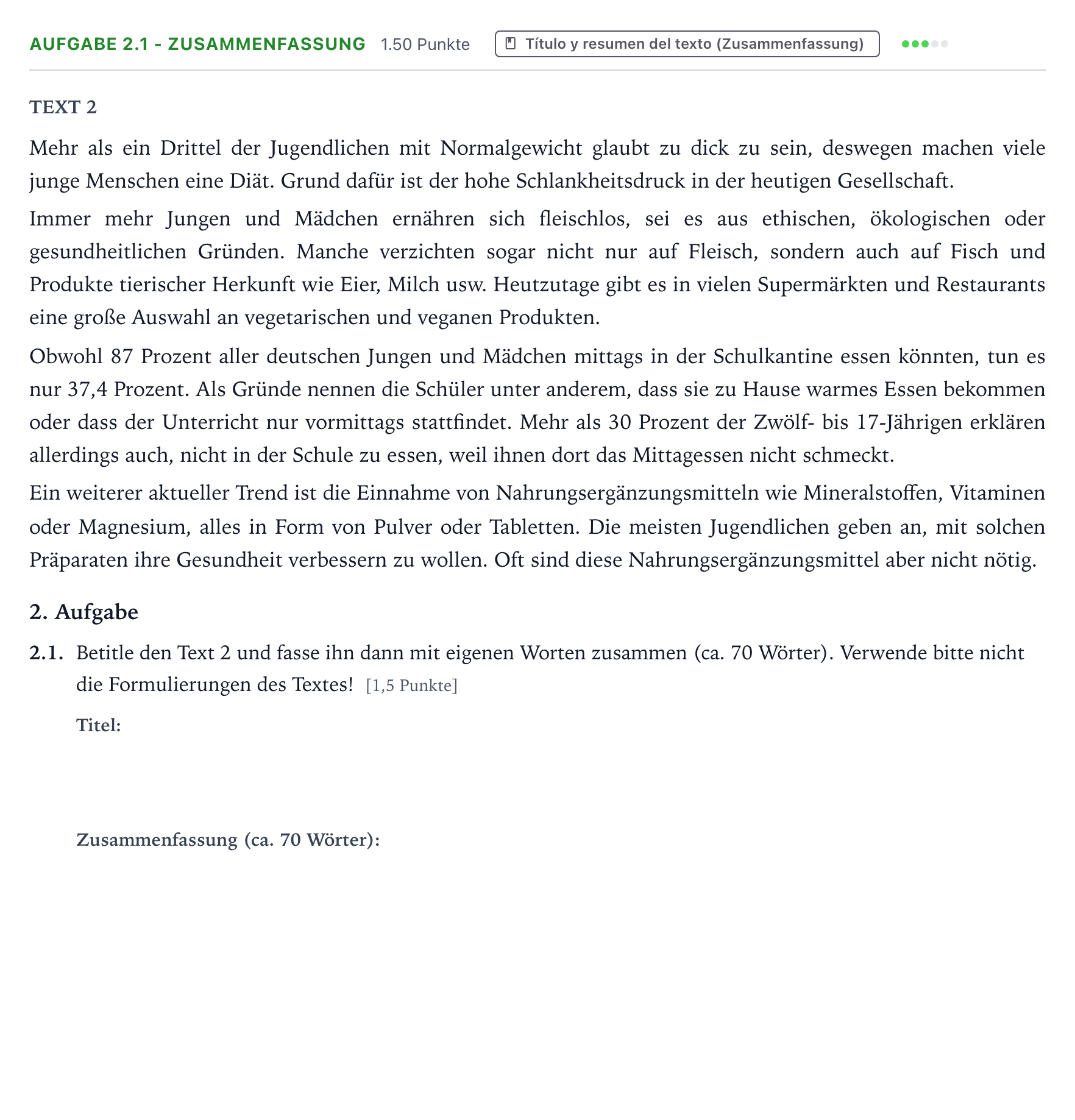Enunciado: Ejercicio 2.1 - Zusammenfassung · Alemán PAU Galicia Ordinaria (2ª lengua extranjera) 2023