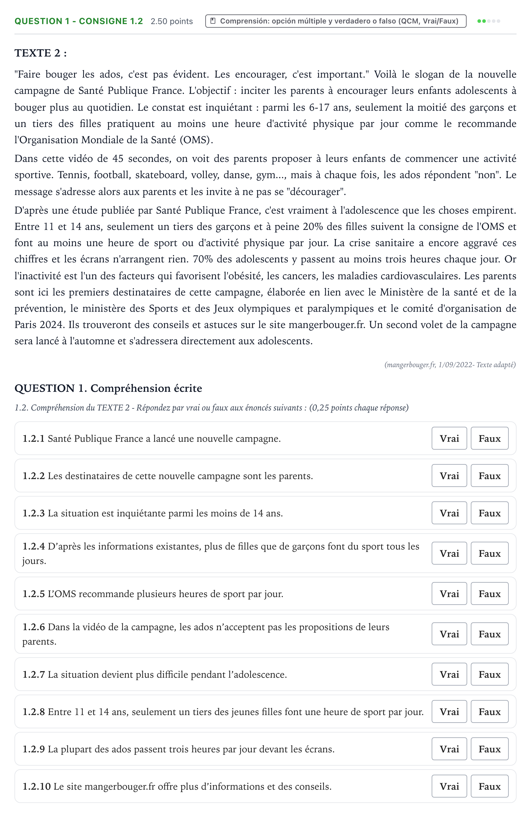 Enunciado: QUESTION 1 - Consigne 1.2 · Francés PAU Galicia Ordinaria (2ª lengua extranjera) 2023