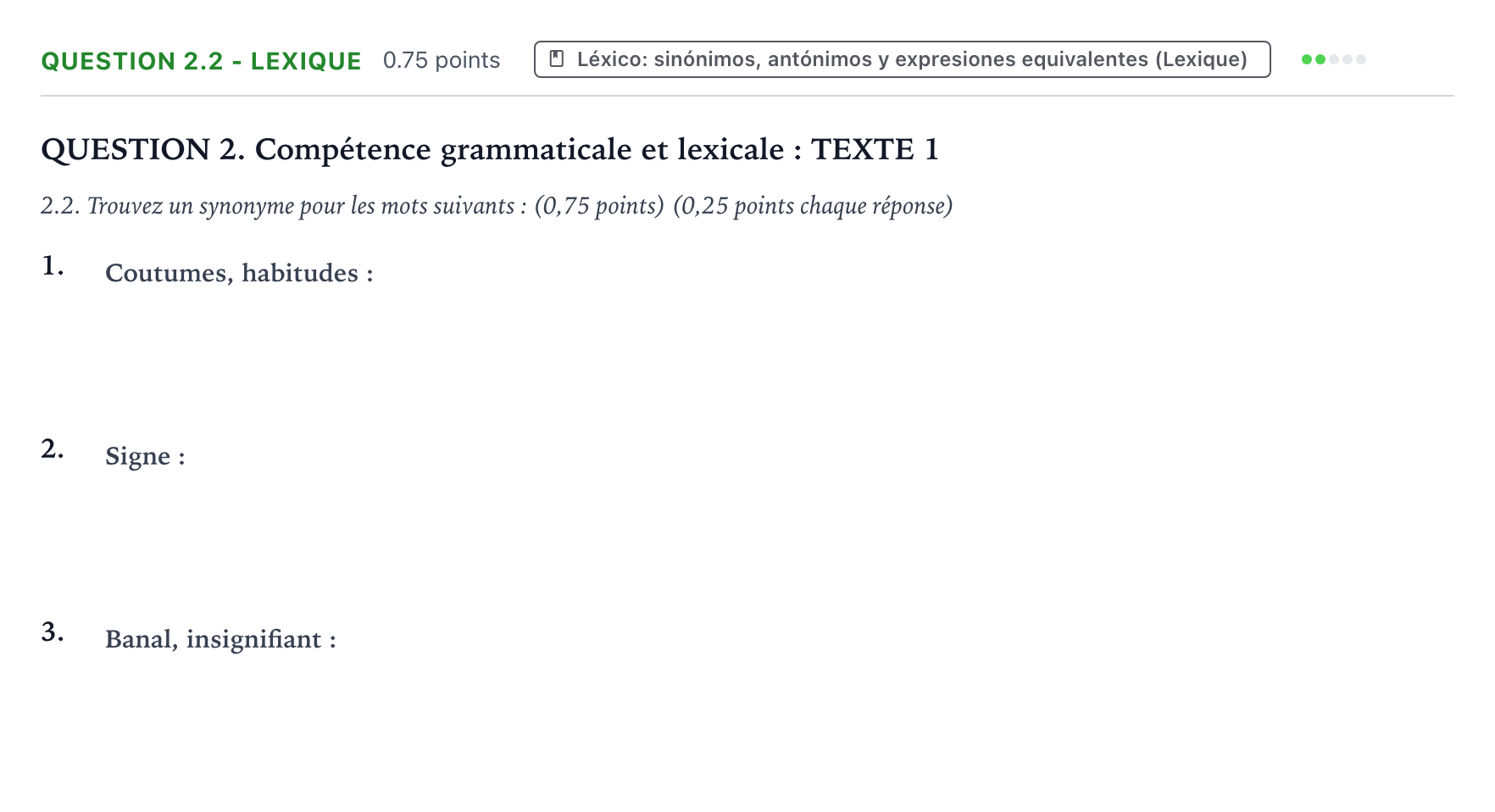 Enunciado: QUESTION 2.2 - Lexique · Francés PAU Galicia Ordinaria (2ª lengua extranjera) 2023