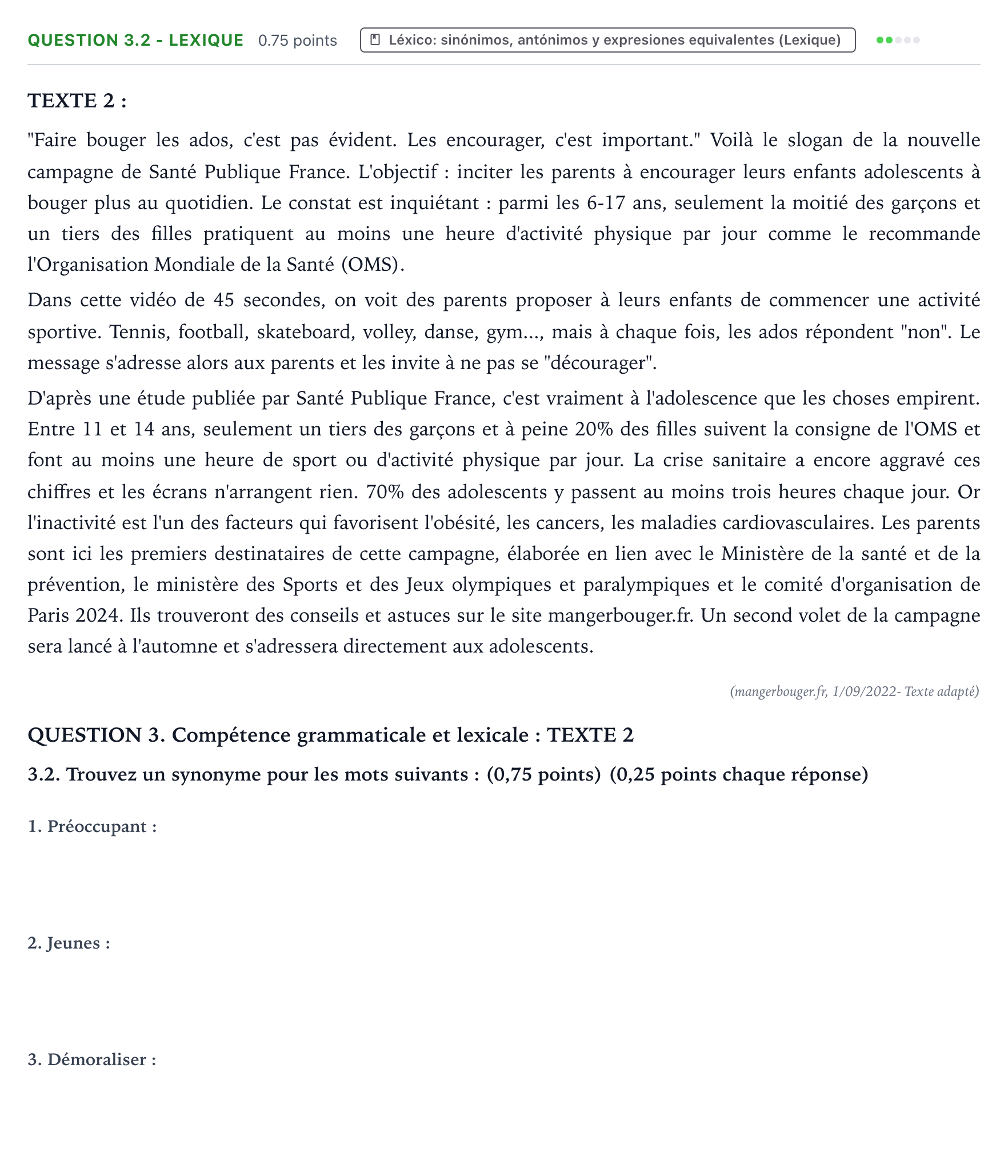 Enunciado: QUESTION 3.2 - Lexique · Francés PAU Galicia Ordinaria (2ª lengua extranjera) 2023