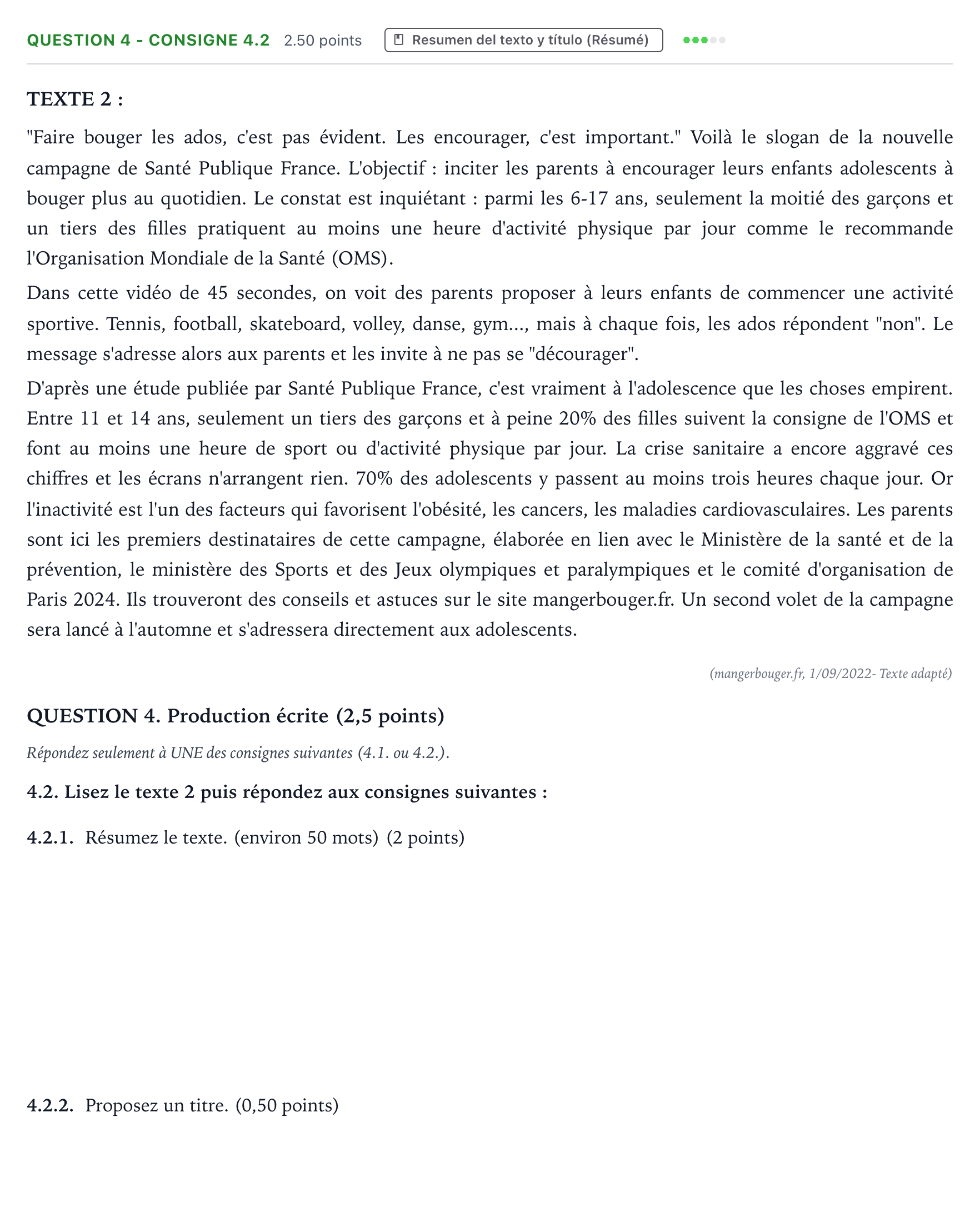 Enunciado: QUESTION 4 - Consigne 4.2 · Francés PAU Galicia Ordinaria (2ª lengua extranjera) 2023