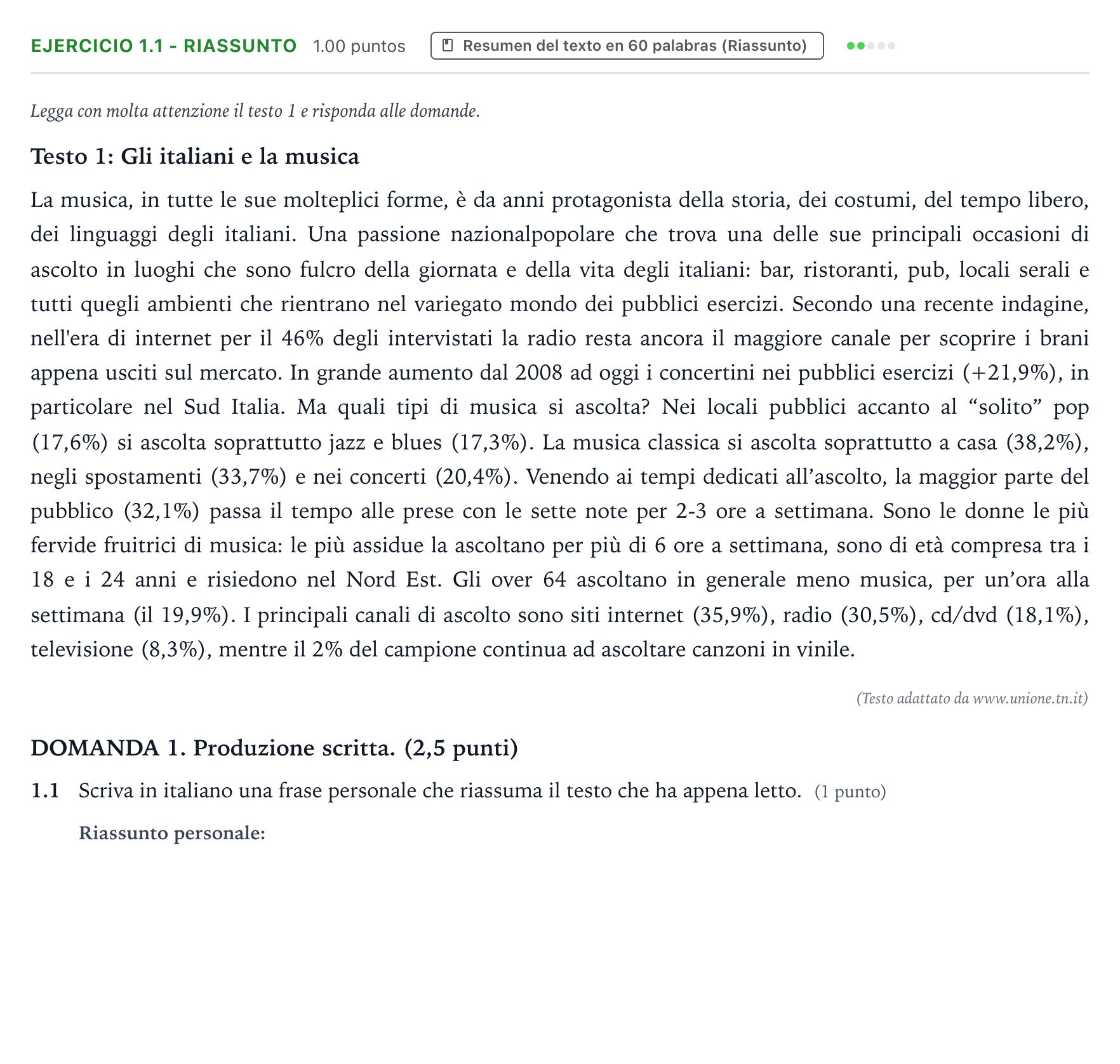 Enunciado: Ejercicio 1.1 - Riassunto · Italiano PAU Galicia Ordinaria (2ª lengua extranjera) 2023
