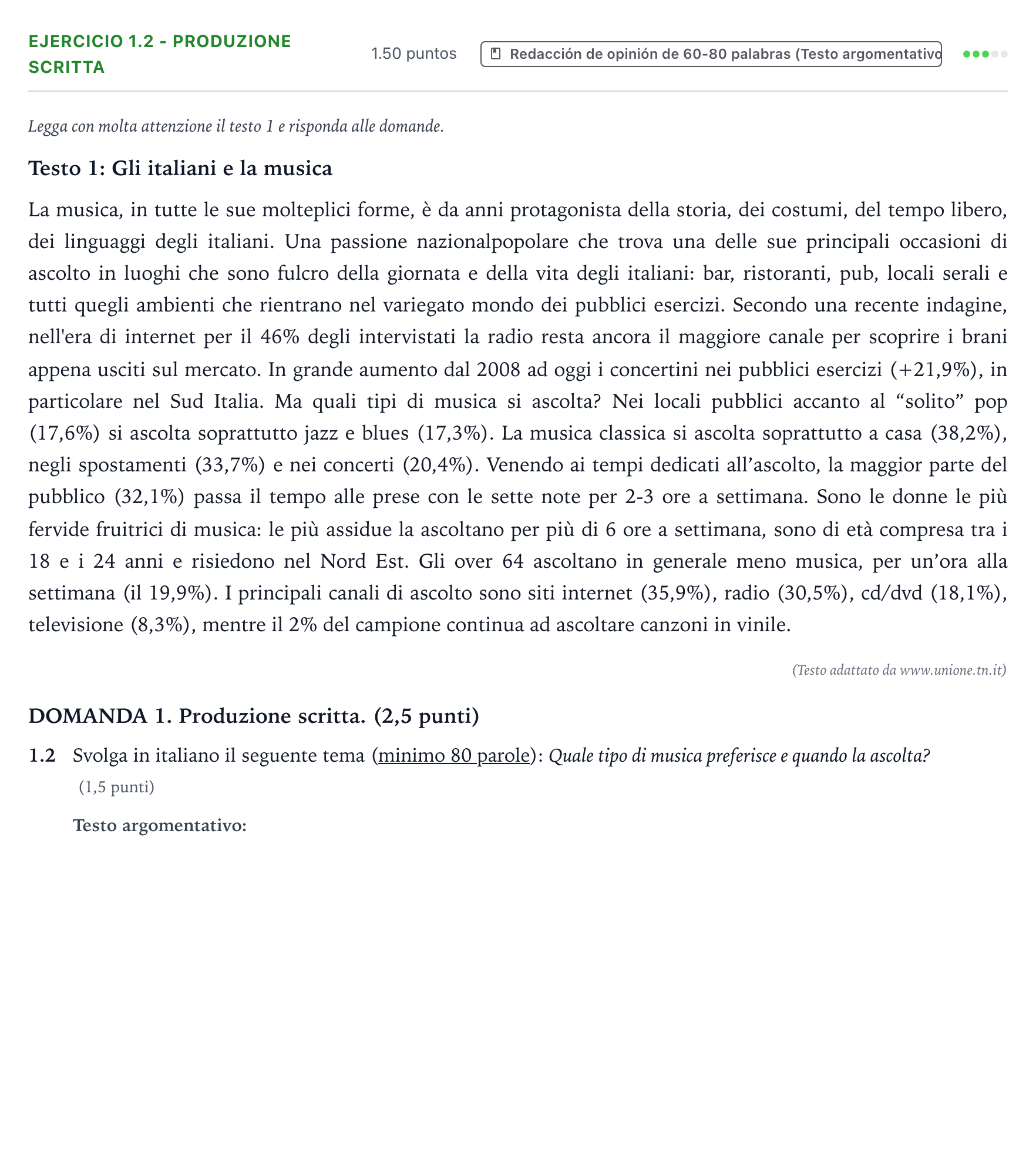 Enunciado: Ejercicio 1.2 - Produzione scritta · Italiano PAU Galicia Ordinaria (2ª lengua extranjera) 2023