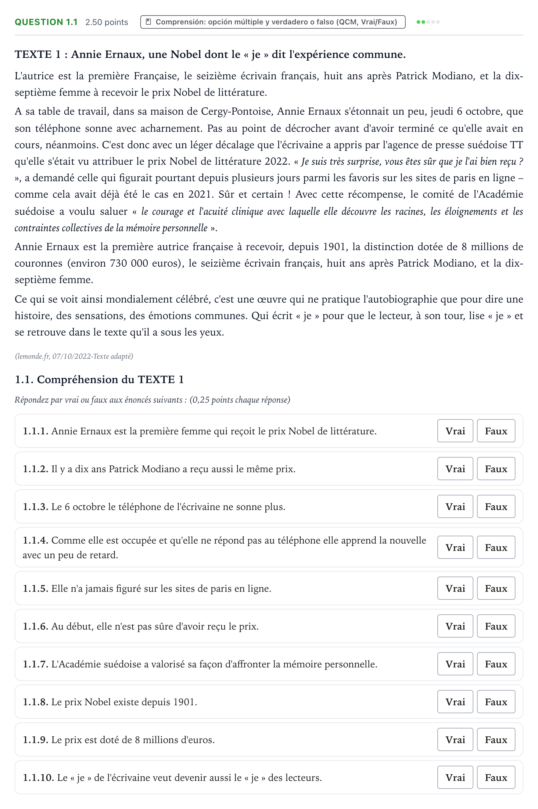 Enunciado: Question 1.1 · Francés PAU Galicia Extraordinaria (2ª lengua extranjera) 2023