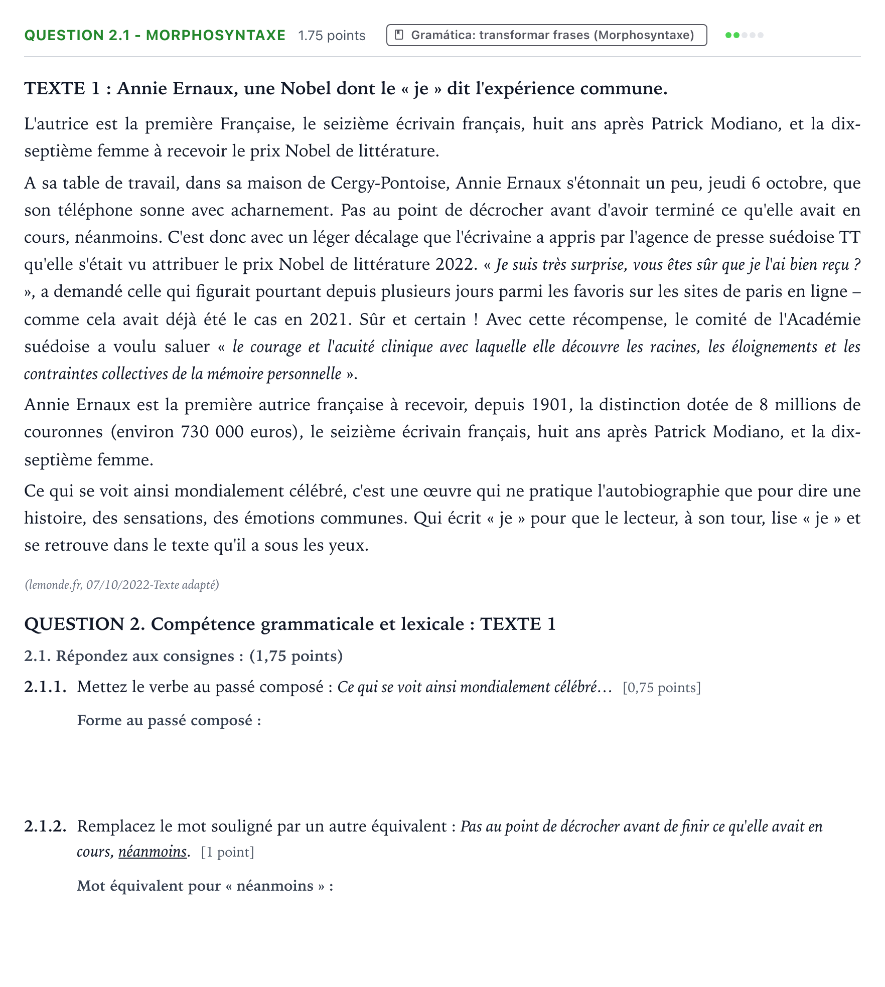 Enunciado: Question 2.1 - Morphosyntaxe · Francés PAU Galicia Extraordinaria (2ª lengua extranjera) 2023