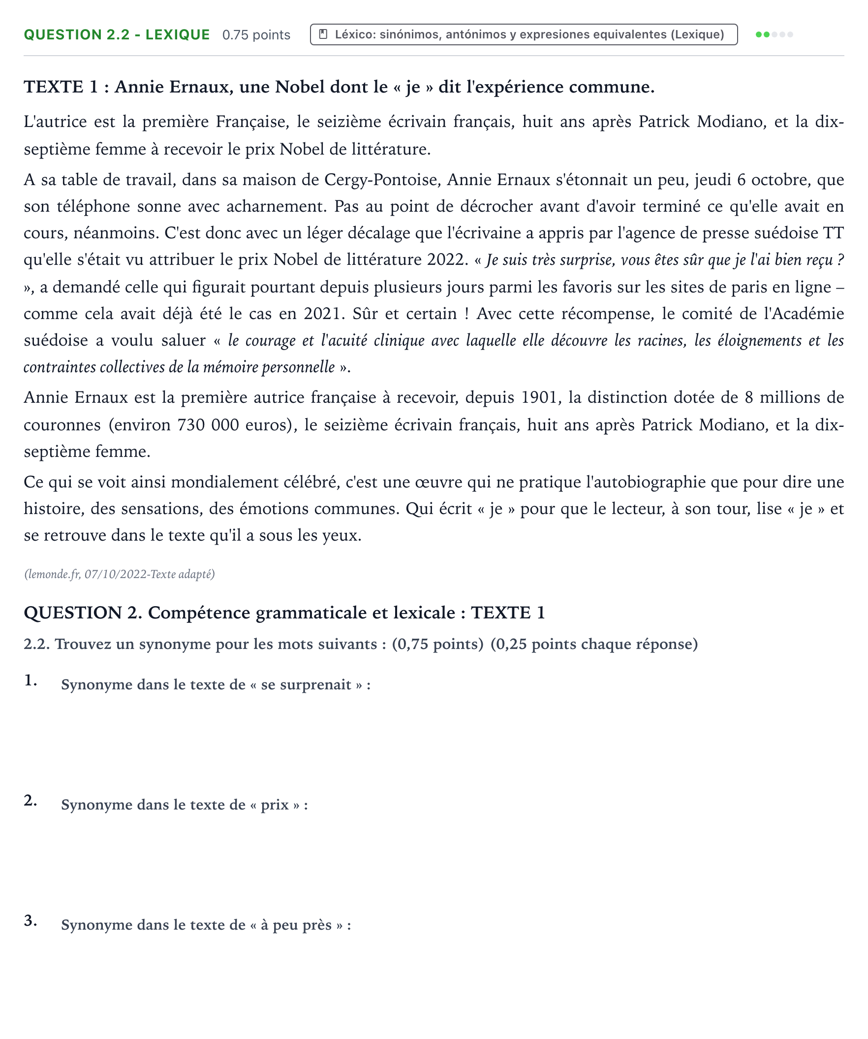 Enunciado: Question 2.2 - Lexique · Francés PAU Galicia Extraordinaria (2ª lengua extranjera) 2023