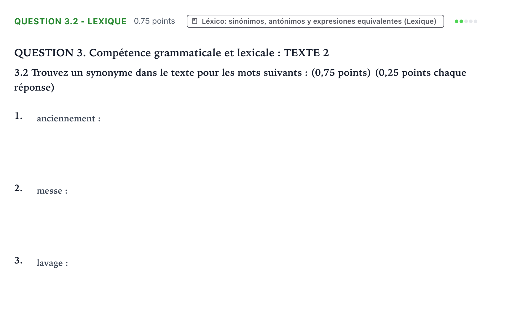 Enunciado: Question 3.2 - Lexique · Francés PAU Galicia Extraordinaria (2ª lengua extranjera) 2023