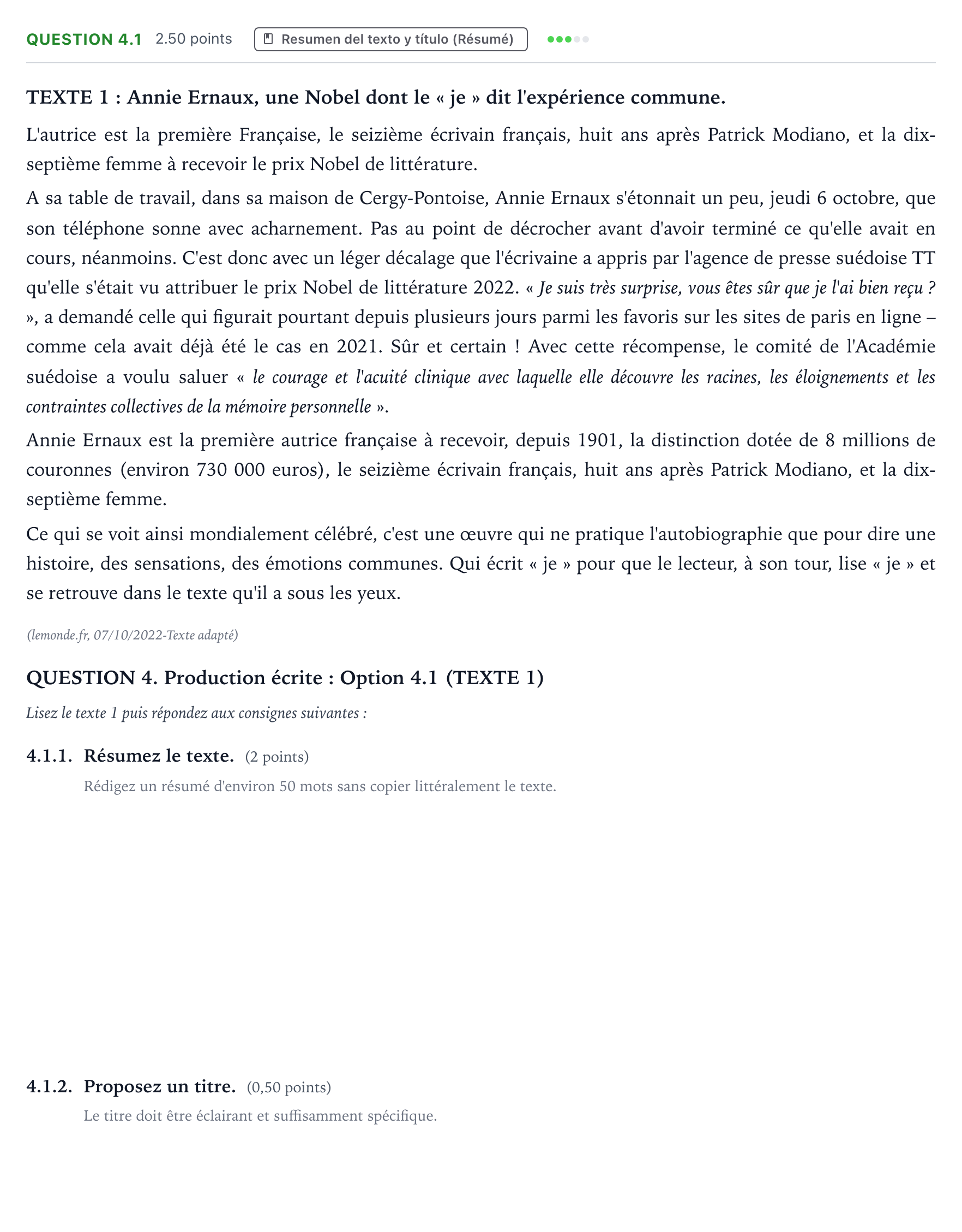 Enunciado: Question 4.1 · Francés PAU Galicia Extraordinaria (2ª lengua extranjera) 2023