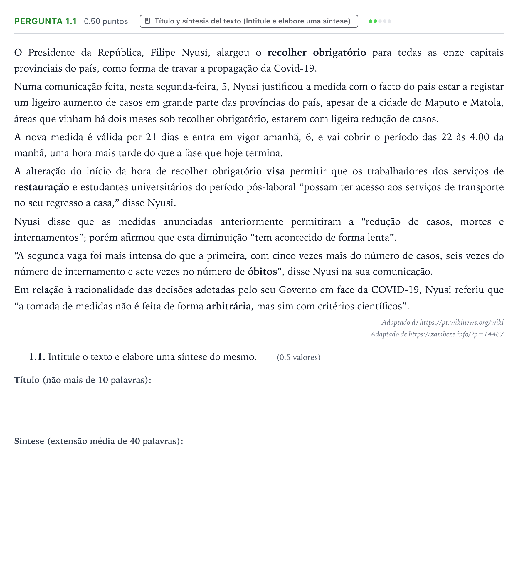 Enunciado: Ejercicio Pergunta 1.1 · Portugués PAU Galicia Ordinaria (2ª lengua extranjera) 2023