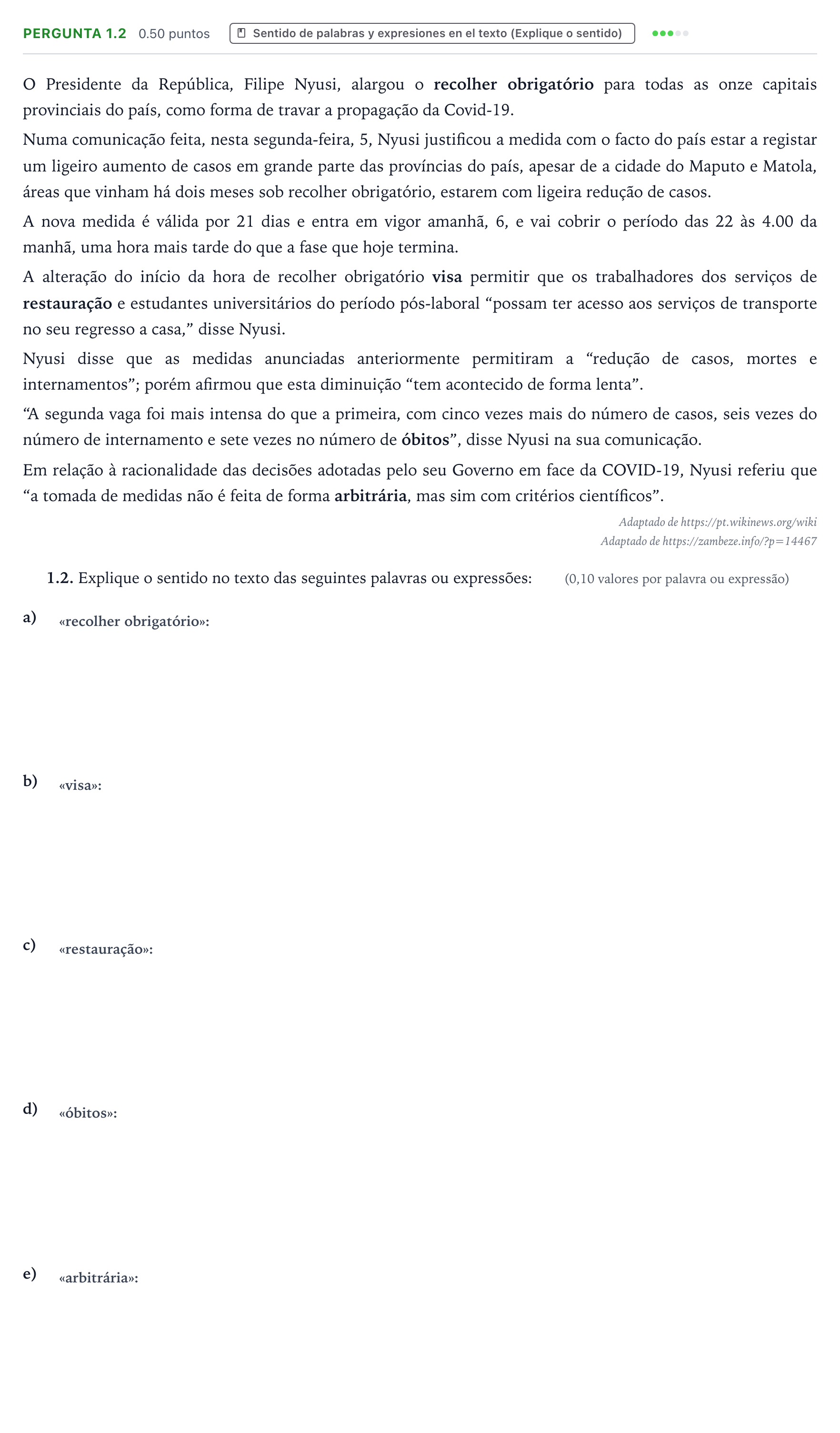 Enunciado: Ejercicio Pergunta 1.2 · Portugués PAU Galicia Ordinaria (2ª lengua extranjera) 2023