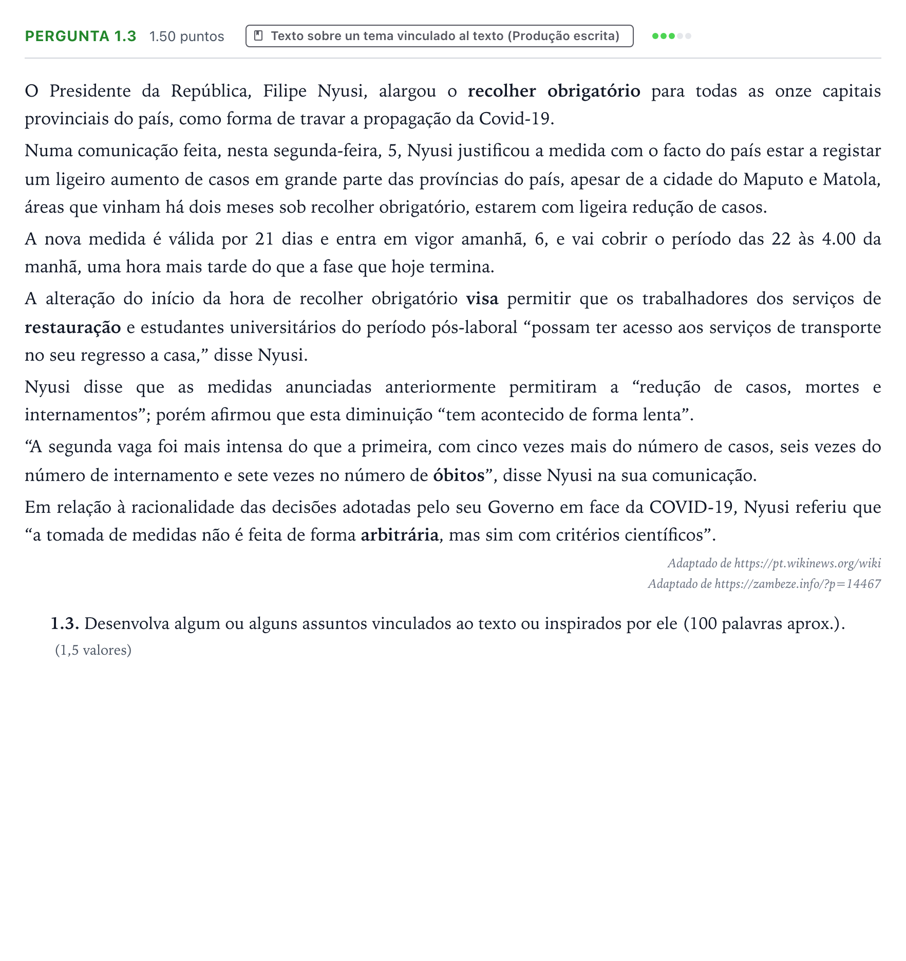 Enunciado: Ejercicio Pergunta 1.3 · Portugués PAU Galicia Ordinaria (2ª lengua extranjera) 2023