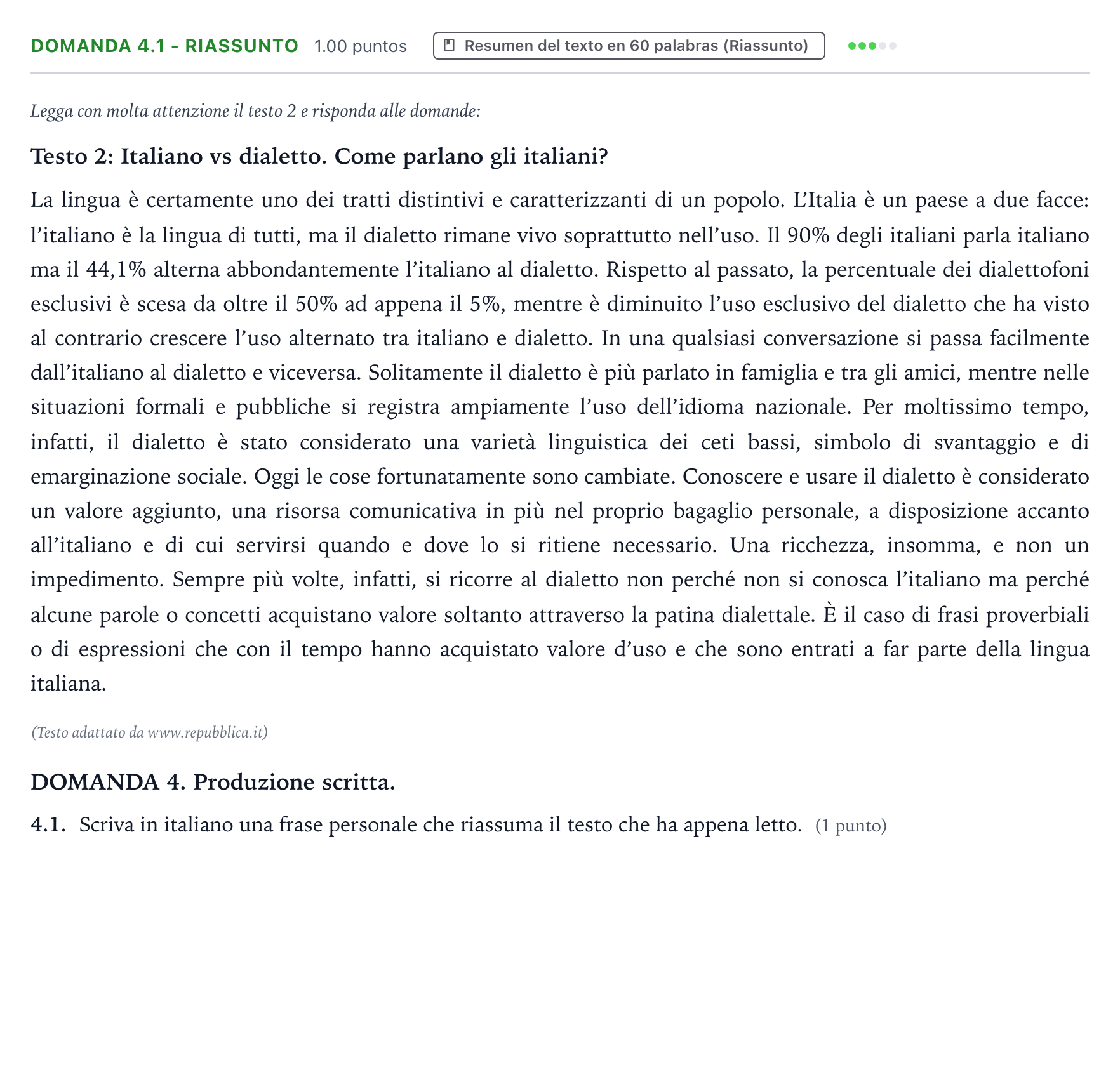Enunciado: Ejercicio Domanda 4.1 - Riassunto · Italiano PAU Galicia Extraordinaria (2ª lengua extranjera) 2023