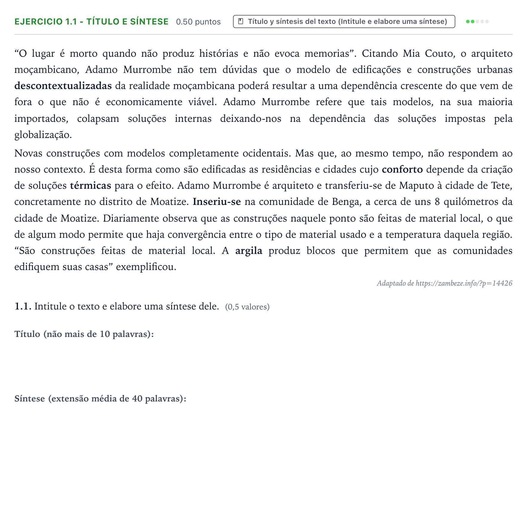 Enunciado: Ejercicio 1.1 - Título e síntese · Portugués PAU Galicia Extraordinaria (2ª lengua extranjera) 2023