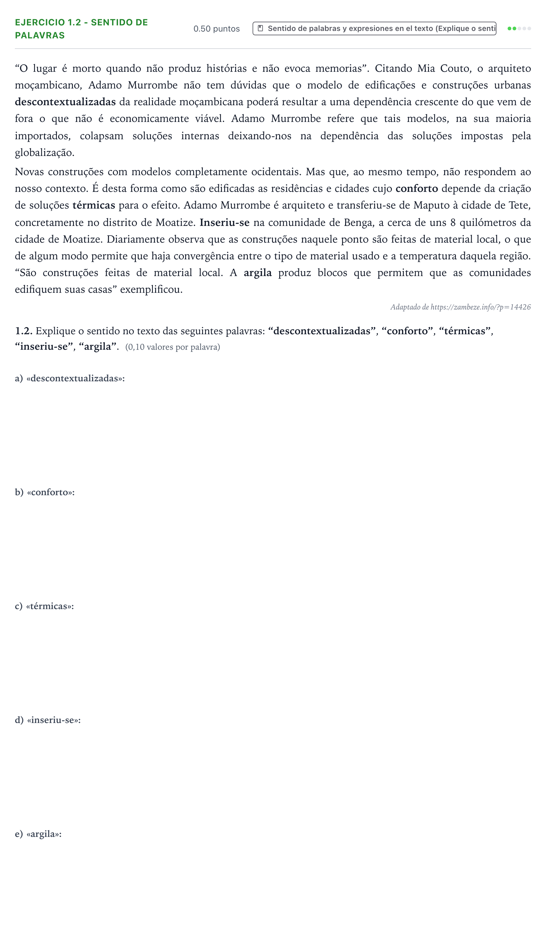 Enunciado: Ejercicio 1.2 - Sentido de palavras · Portugués PAU Galicia Extraordinaria (2ª lengua extranjera) 2023