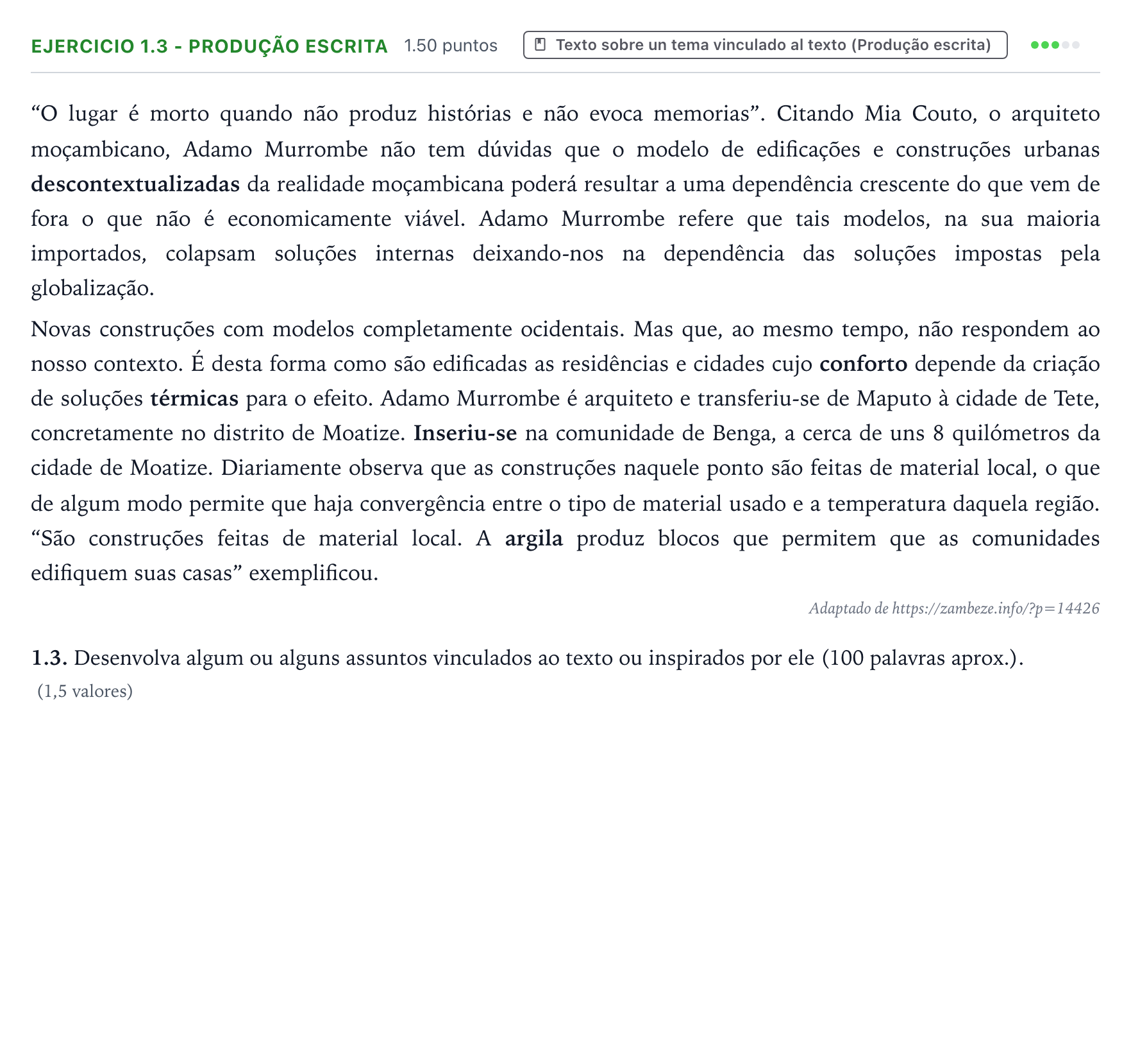 Enunciado: Ejercicio 1.3 - Produção escrita · Portugués PAU Galicia Extraordinaria (2ª lengua extranjera) 2023