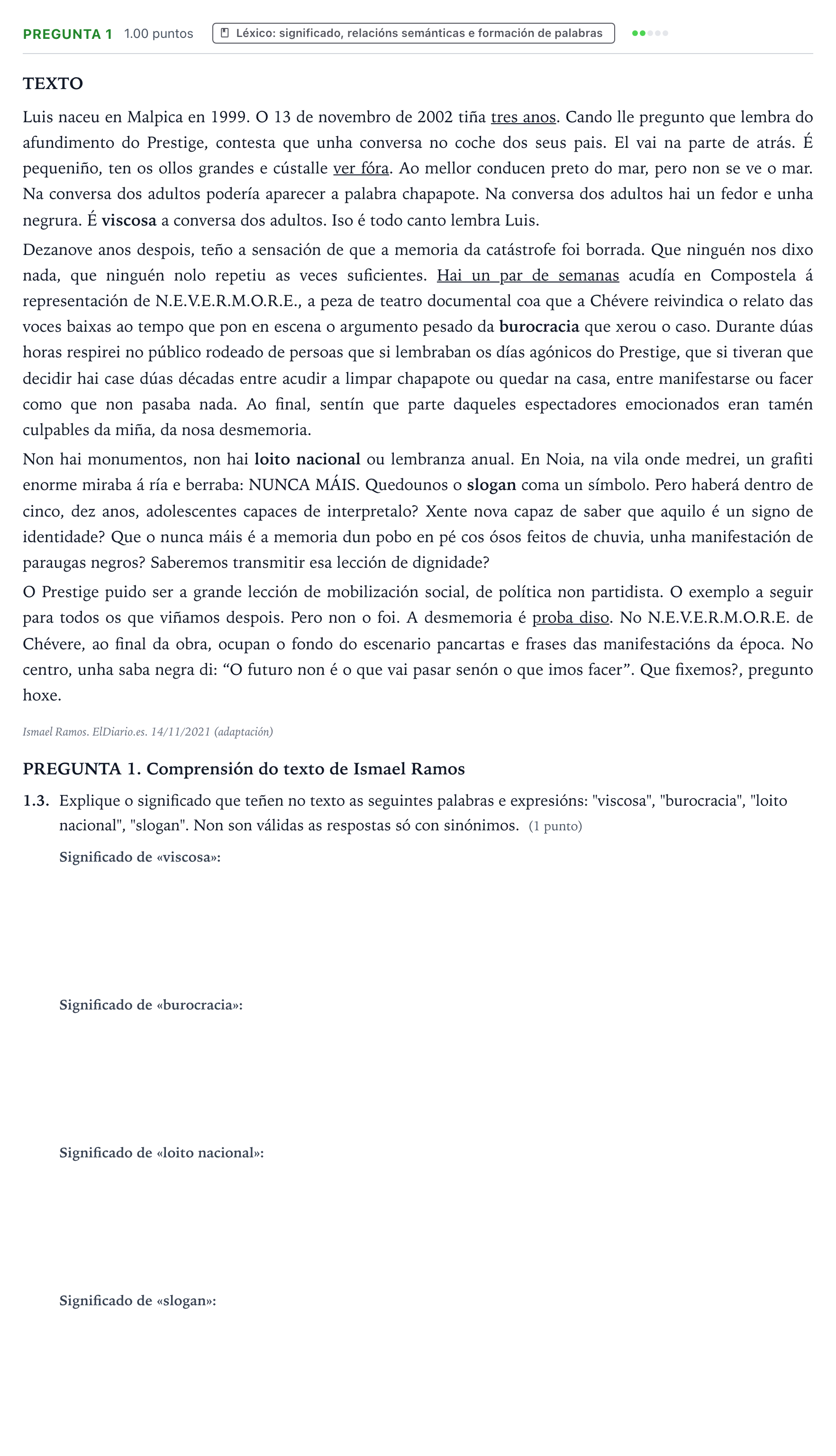 Enunciado: Pregunta 1 - Léxico · Lingua Galega e Literatura II PAU Galicia Ordinaria 2022