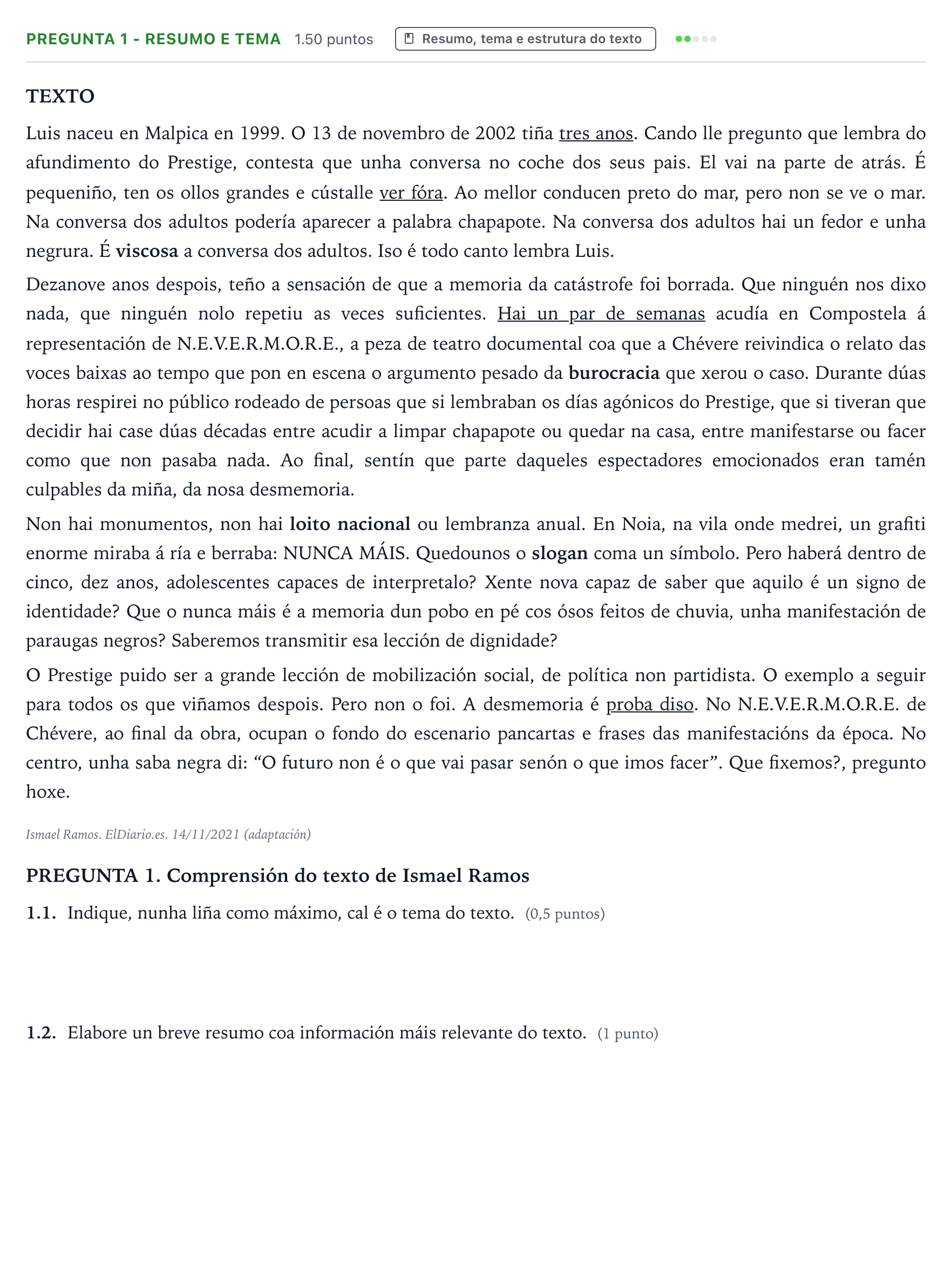 Enunciado: Pregunta 1 - Resumo e tema · Lingua Galega e Literatura II PAU Galicia Ordinaria 2022