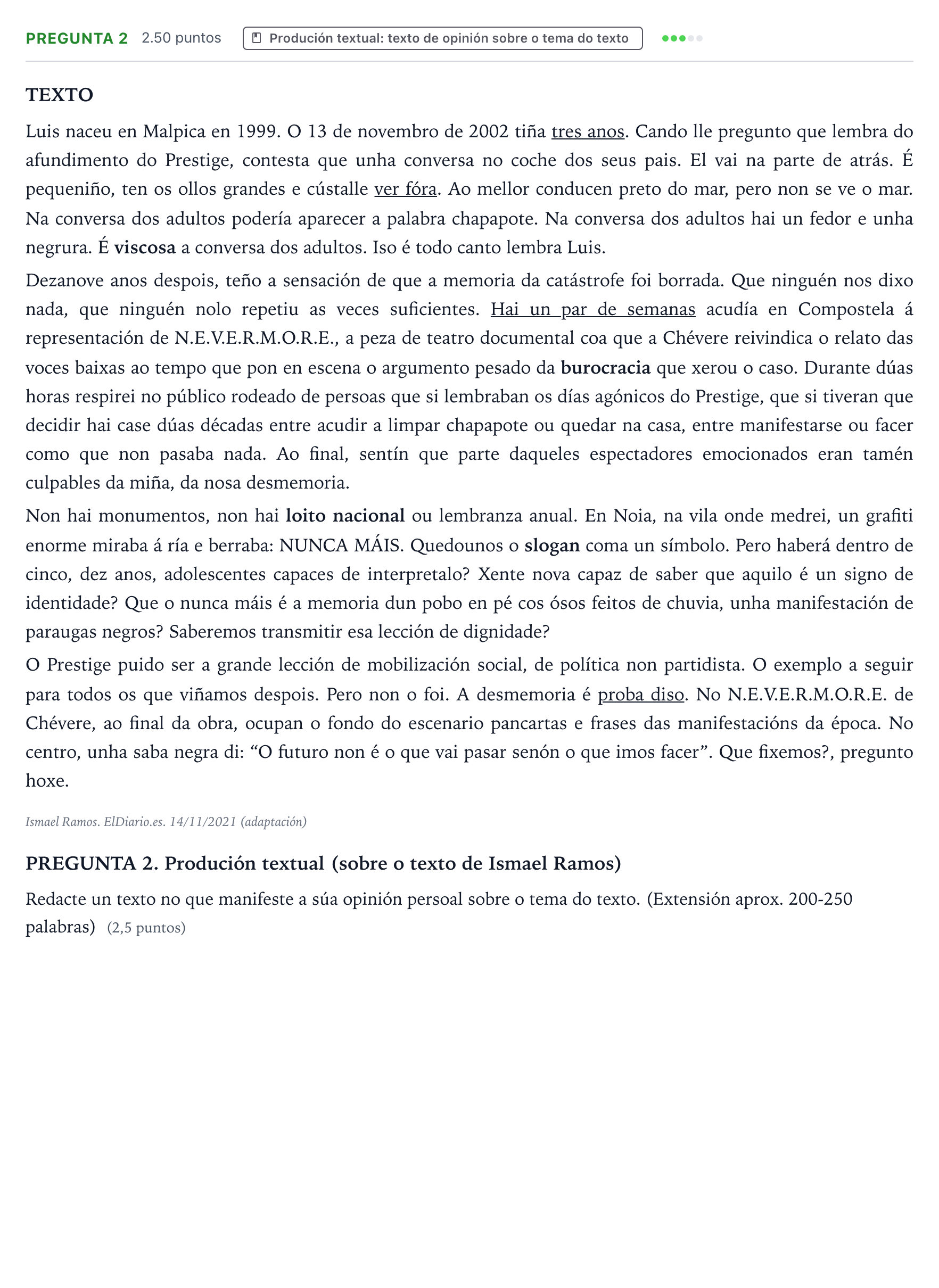 Enunciado: Pregunta 2 · Lingua Galega e Literatura II PAU Galicia Ordinaria 2022