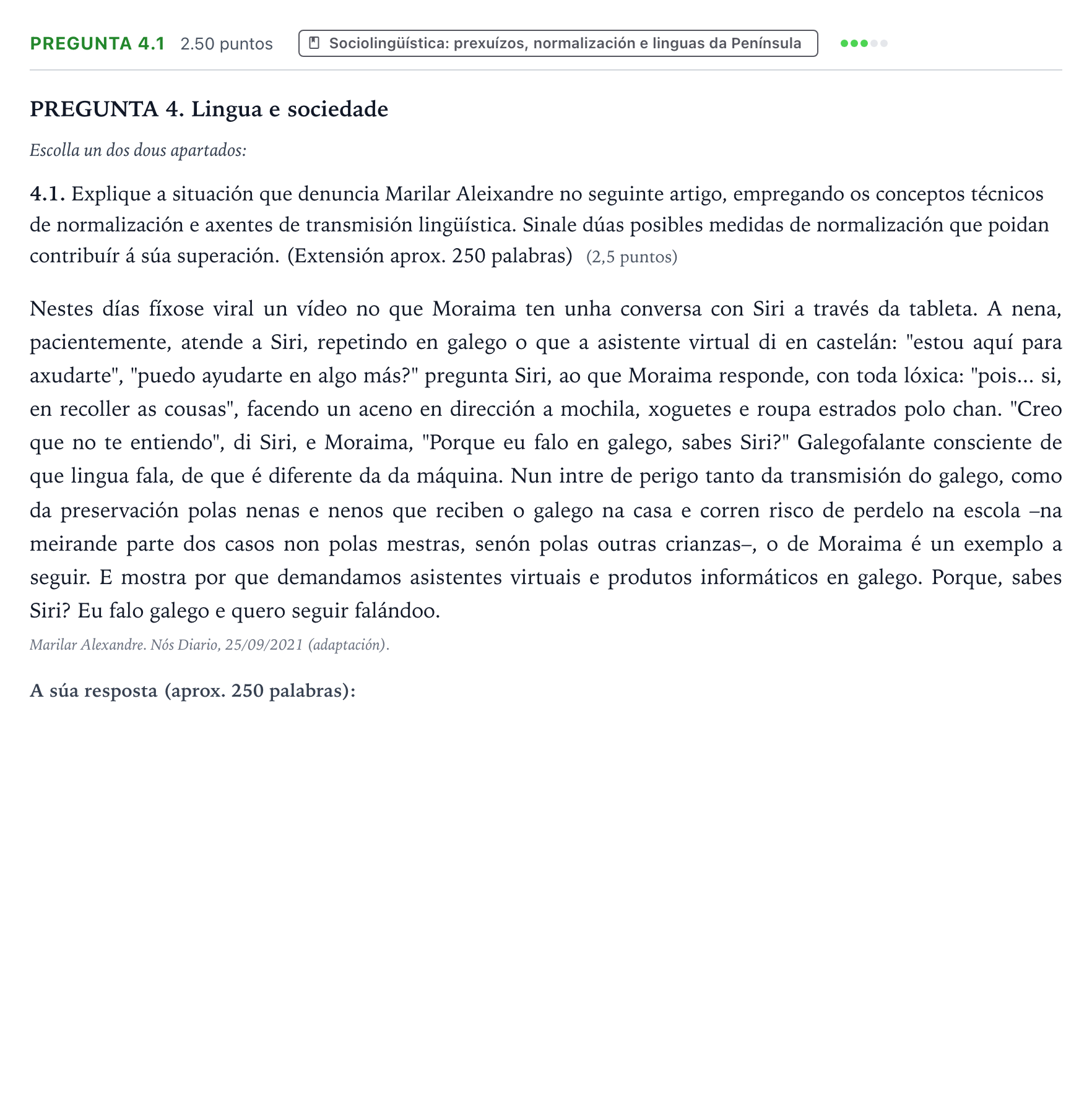 Enunciado: Pregunta 4.1 · Lingua Galega e Literatura II PAU Galicia Ordinaria 2022