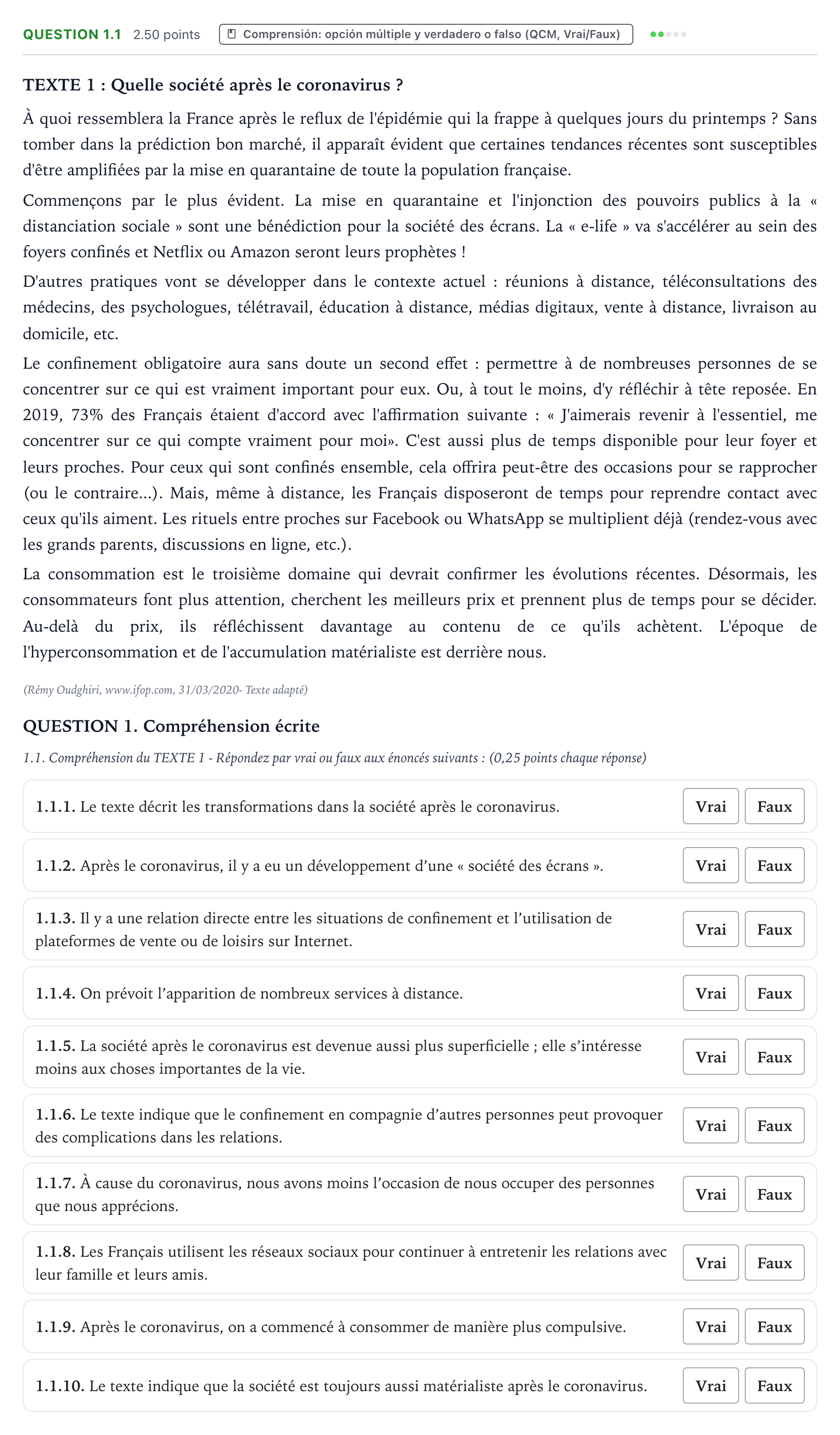 Enunciado: Question 1.1 · Francés PAU Galicia Ordinaria 2022