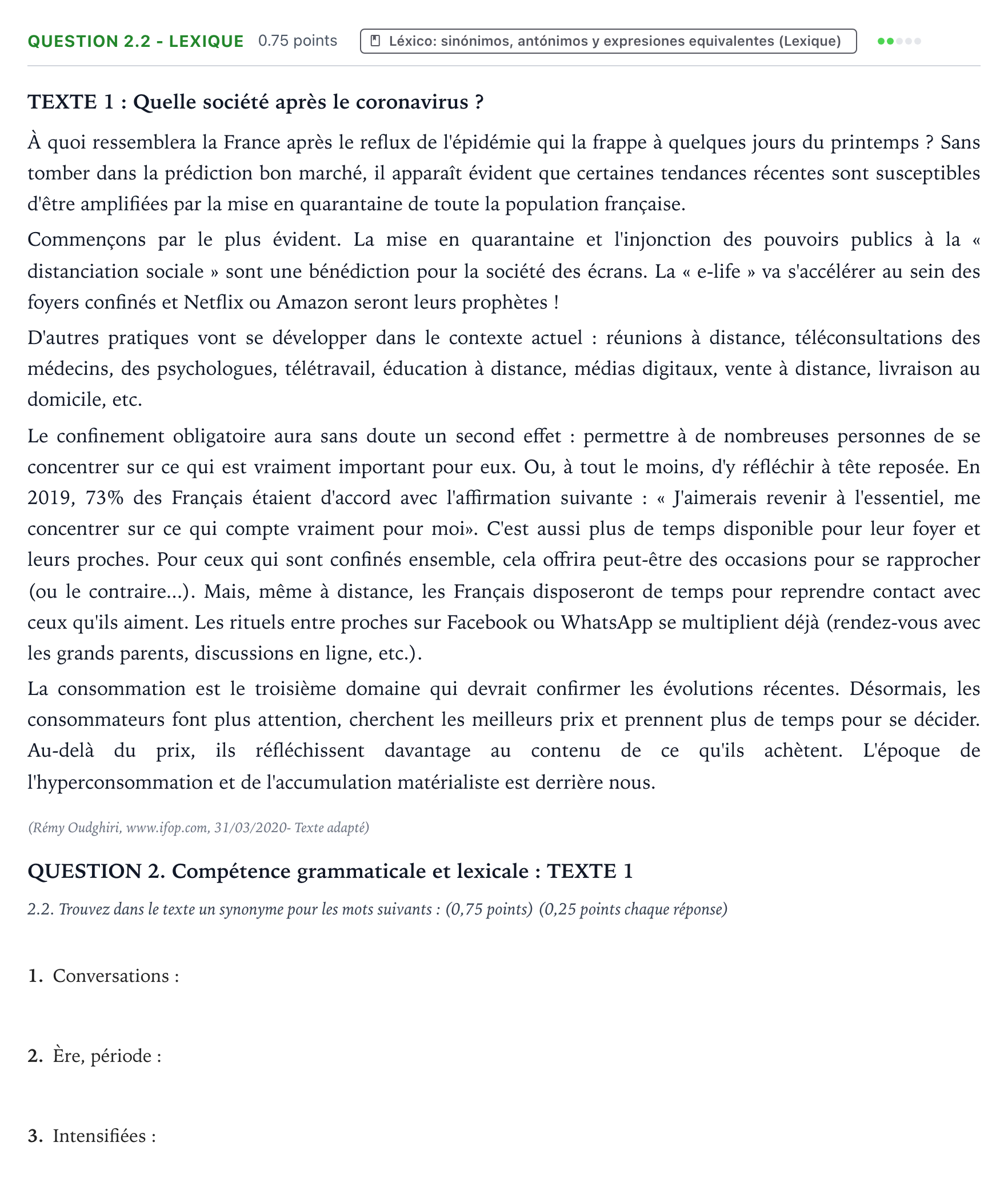 Enunciado: Question 2.2 - Lexique · Francés PAU Galicia Ordinaria 2022