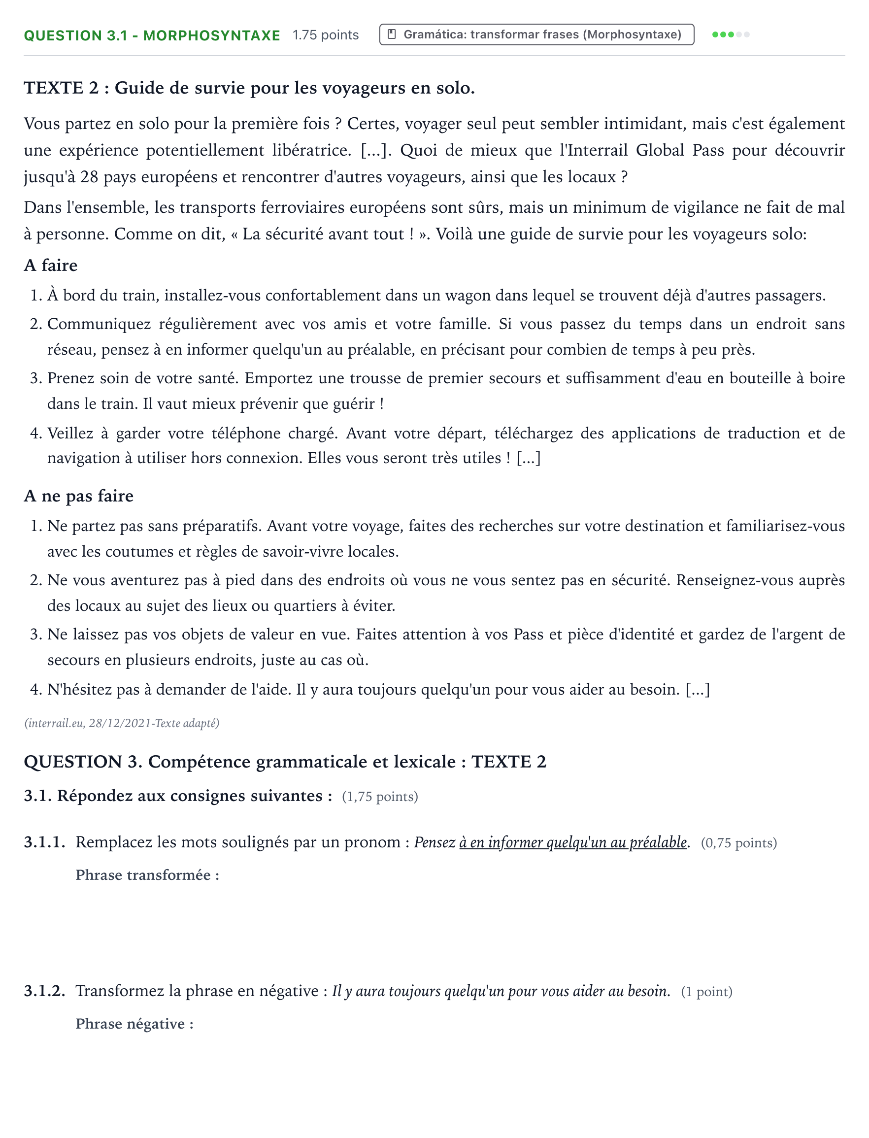 Enunciado: Question 3.1 - Morphosyntaxe · Francés PAU Galicia Ordinaria 2022