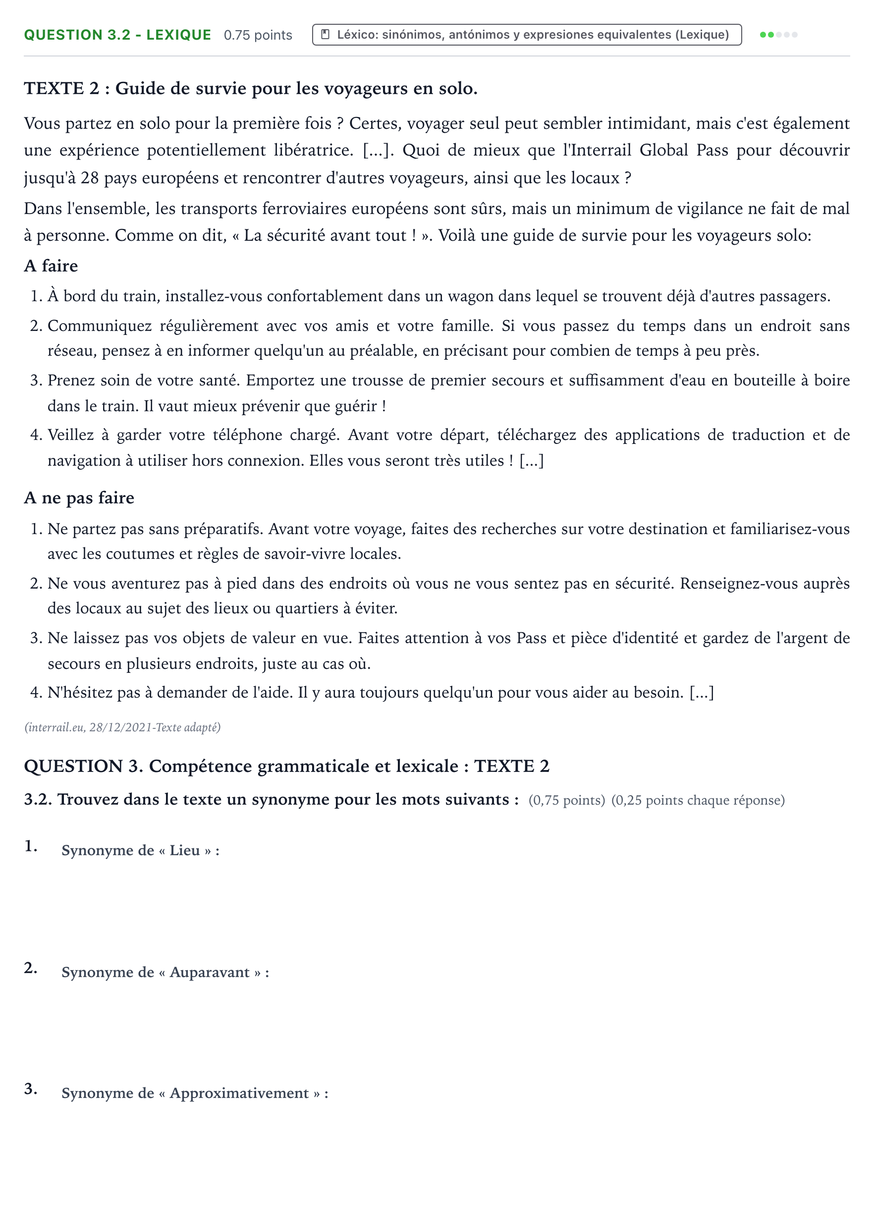 Enunciado: Question 3.2 - Lexique · Francés PAU Galicia Ordinaria 2022