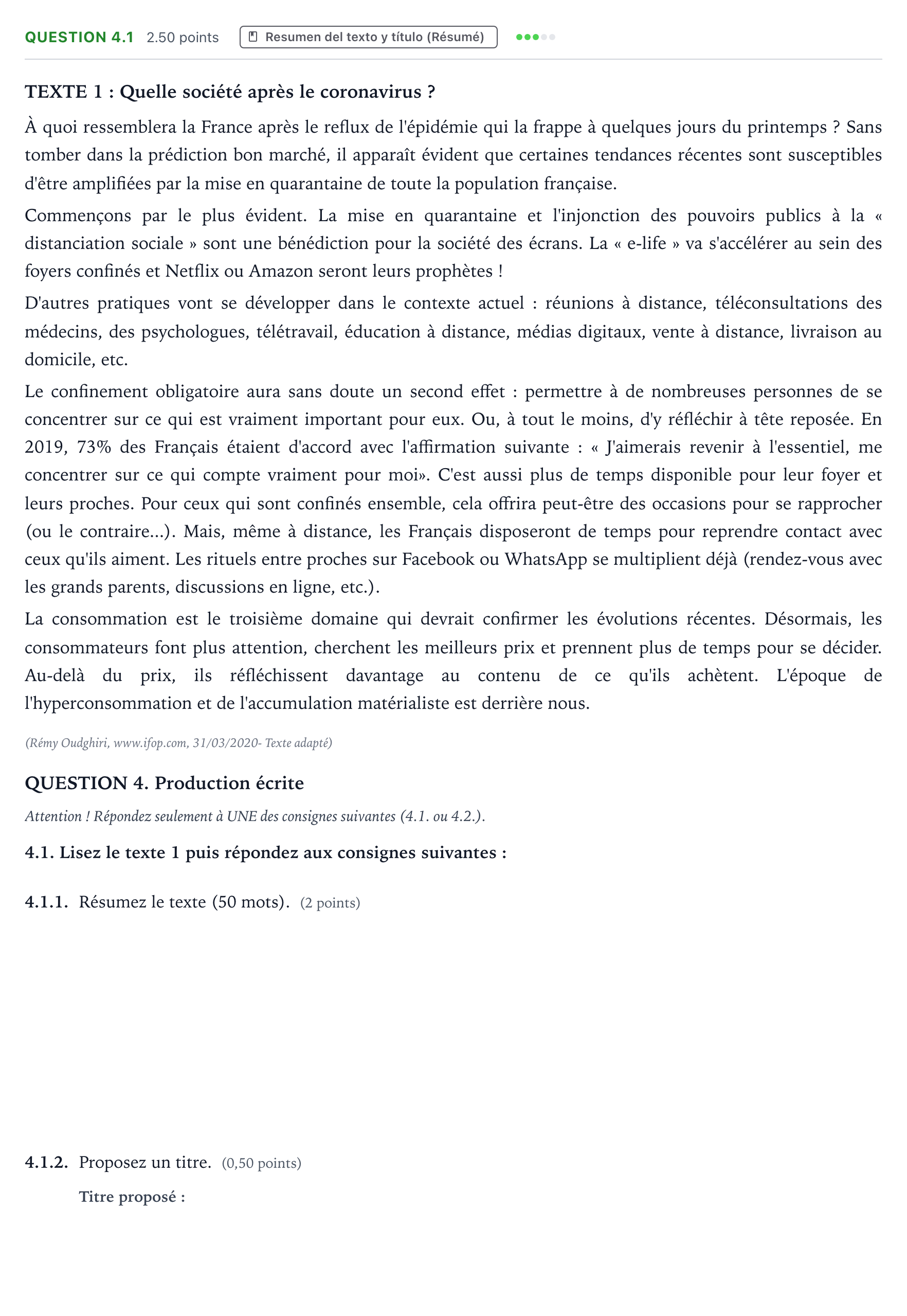 Enunciado: Question 4.1 · Francés PAU Galicia Ordinaria 2022