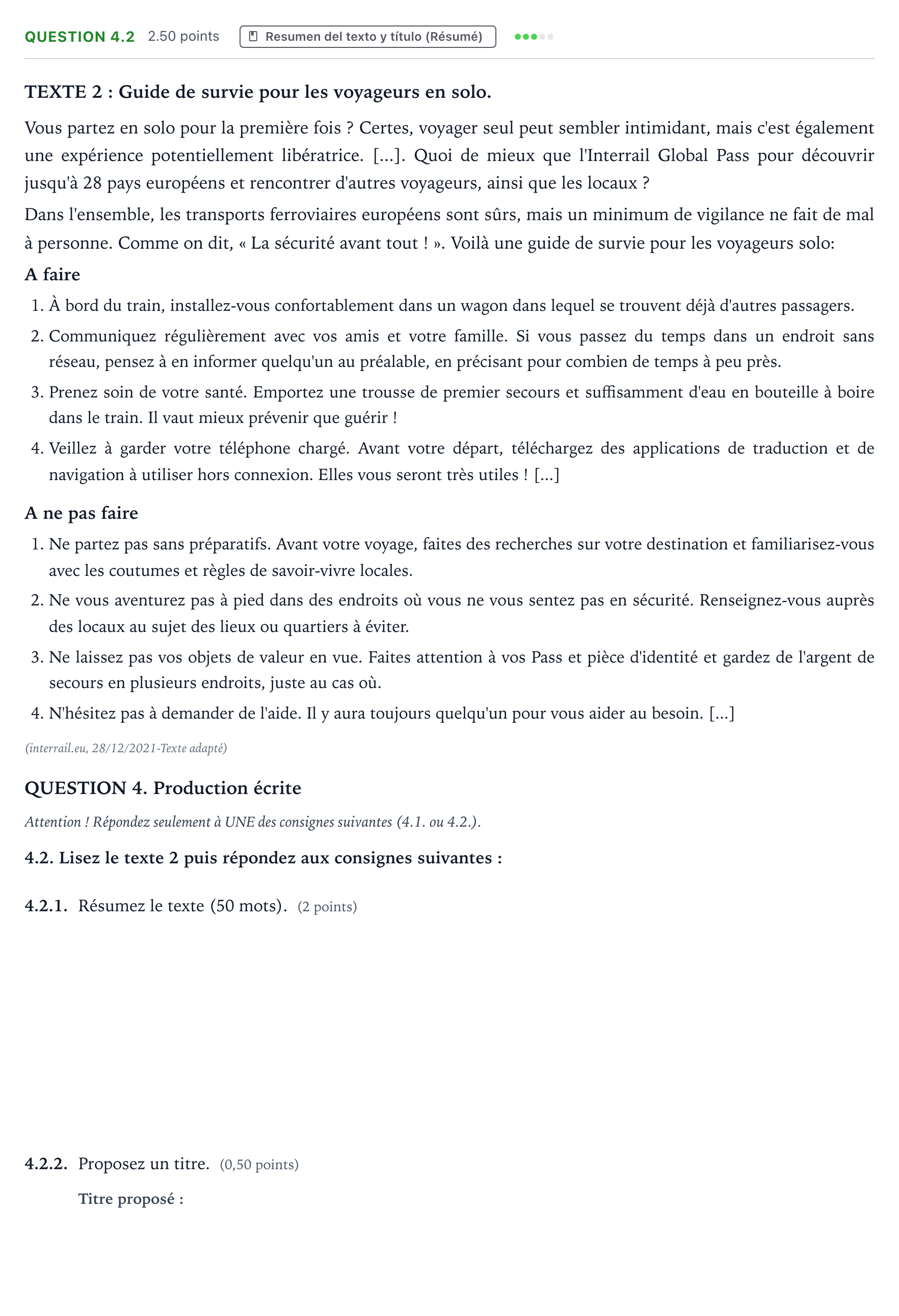Enunciado: Question 4.2 · Francés PAU Galicia Ordinaria 2022