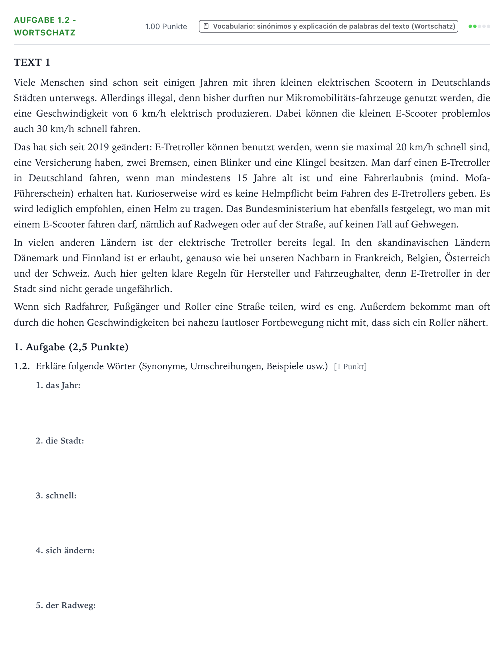 Enunciado: Ejercicio 1.2 - Wortschatz · Alemán PAU Galicia Ordinaria 2022