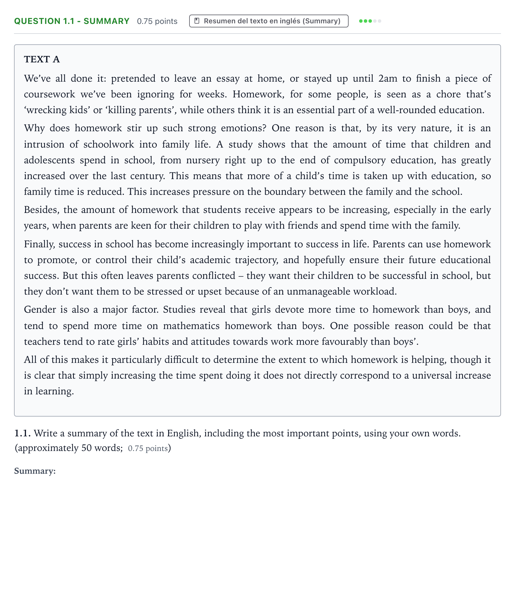 Enunciado: Question 1.1 - Summary · Inglés PAU Galicia Extraordinaria 2022