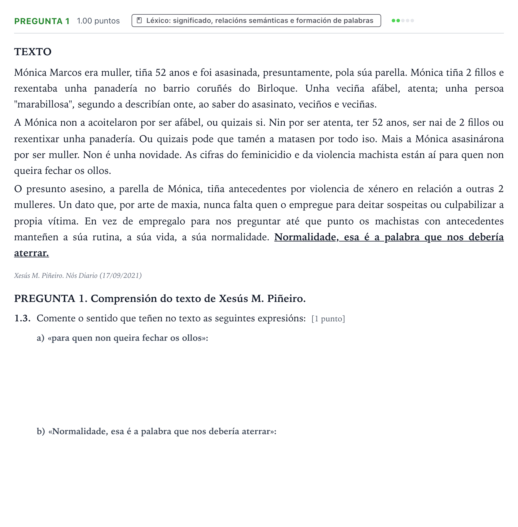 Enunciado: Pregunta 1 - Léxico · Lingua Galega e Literatura II PAU Galicia Extraordinaria 2022