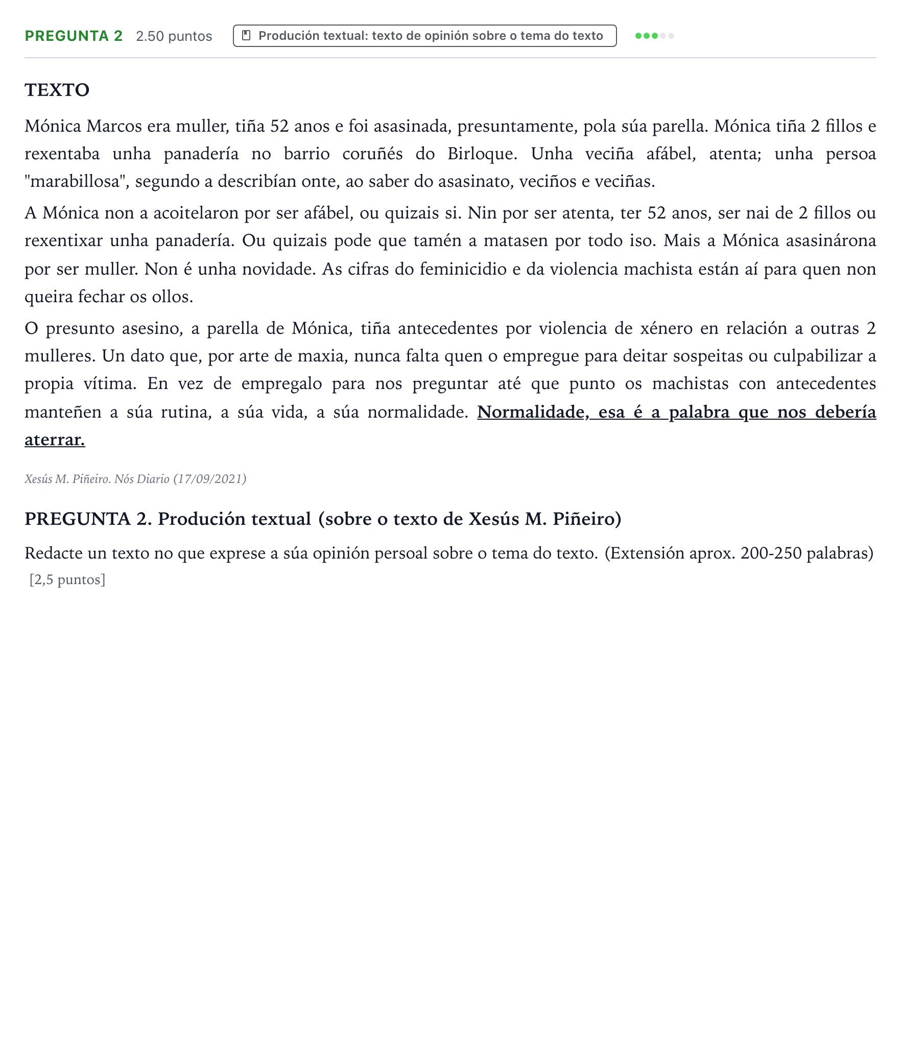 Enunciado: Pregunta 2 · Lingua Galega e Literatura II PAU Galicia Extraordinaria 2022