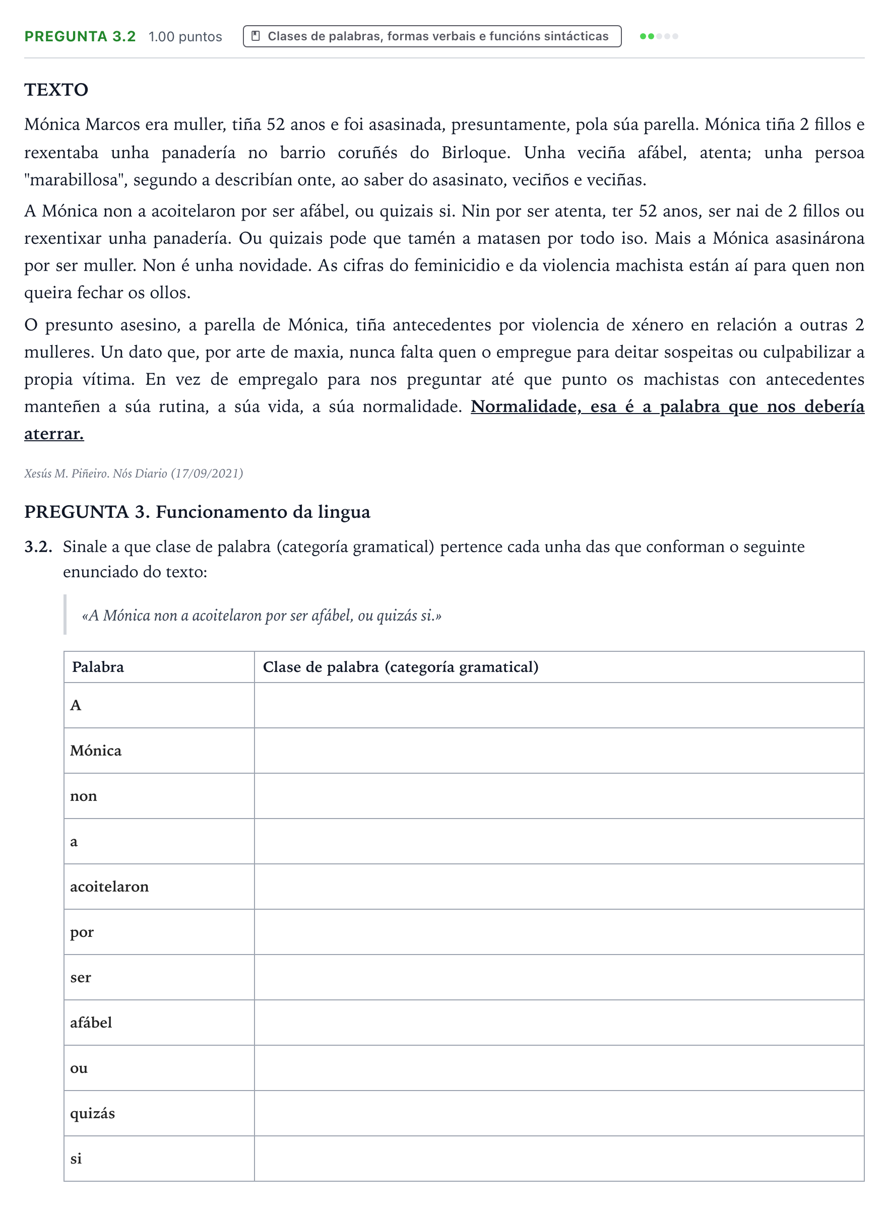 Enunciado: Pregunta 3.2 - Clases de palabras · Lingua Galega e Literatura II PAU Galicia Extraordinaria 2022