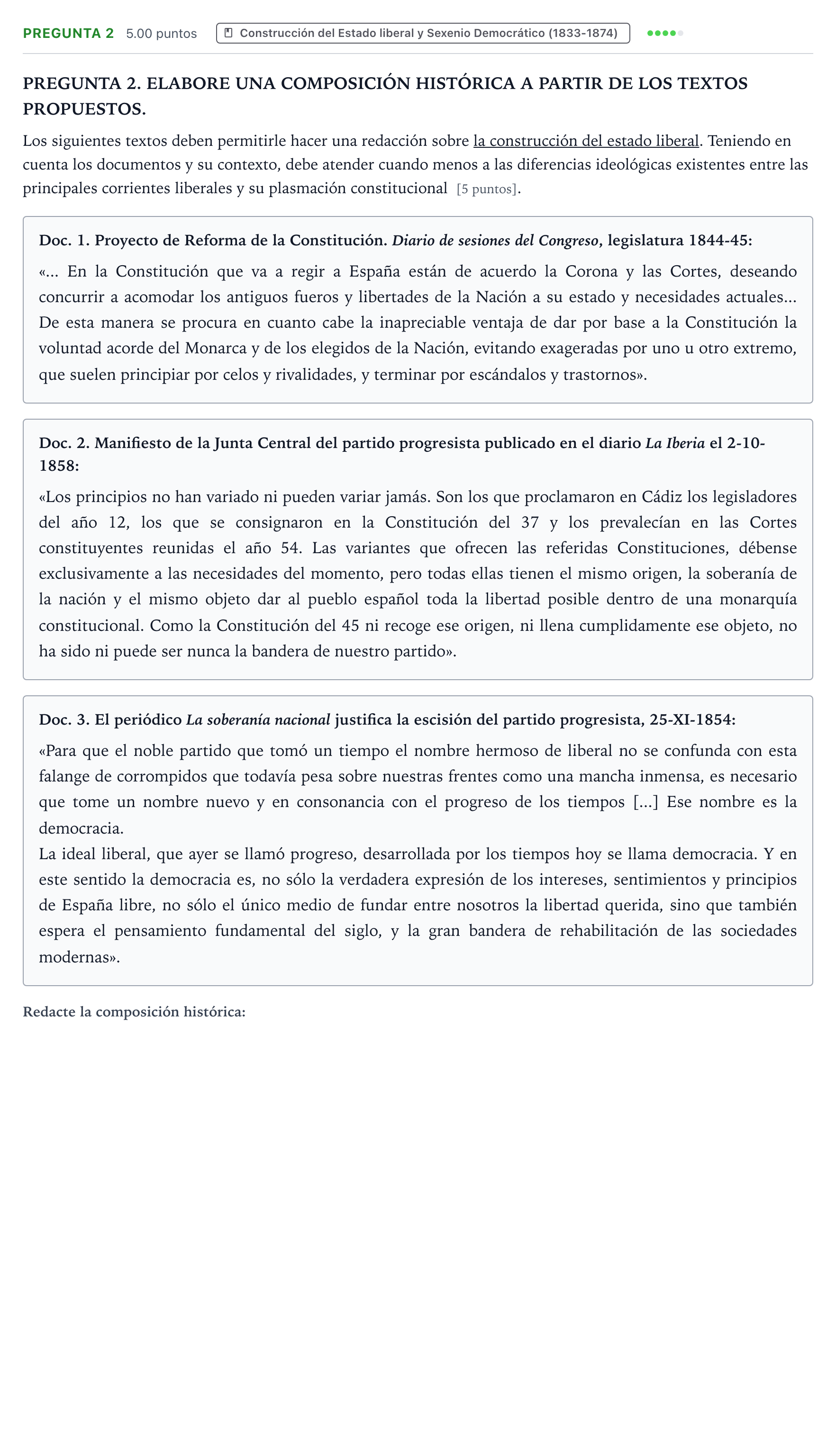 Enunciado: Pregunta 2 · Historia de España PAU Galicia Extraordinaria 2022