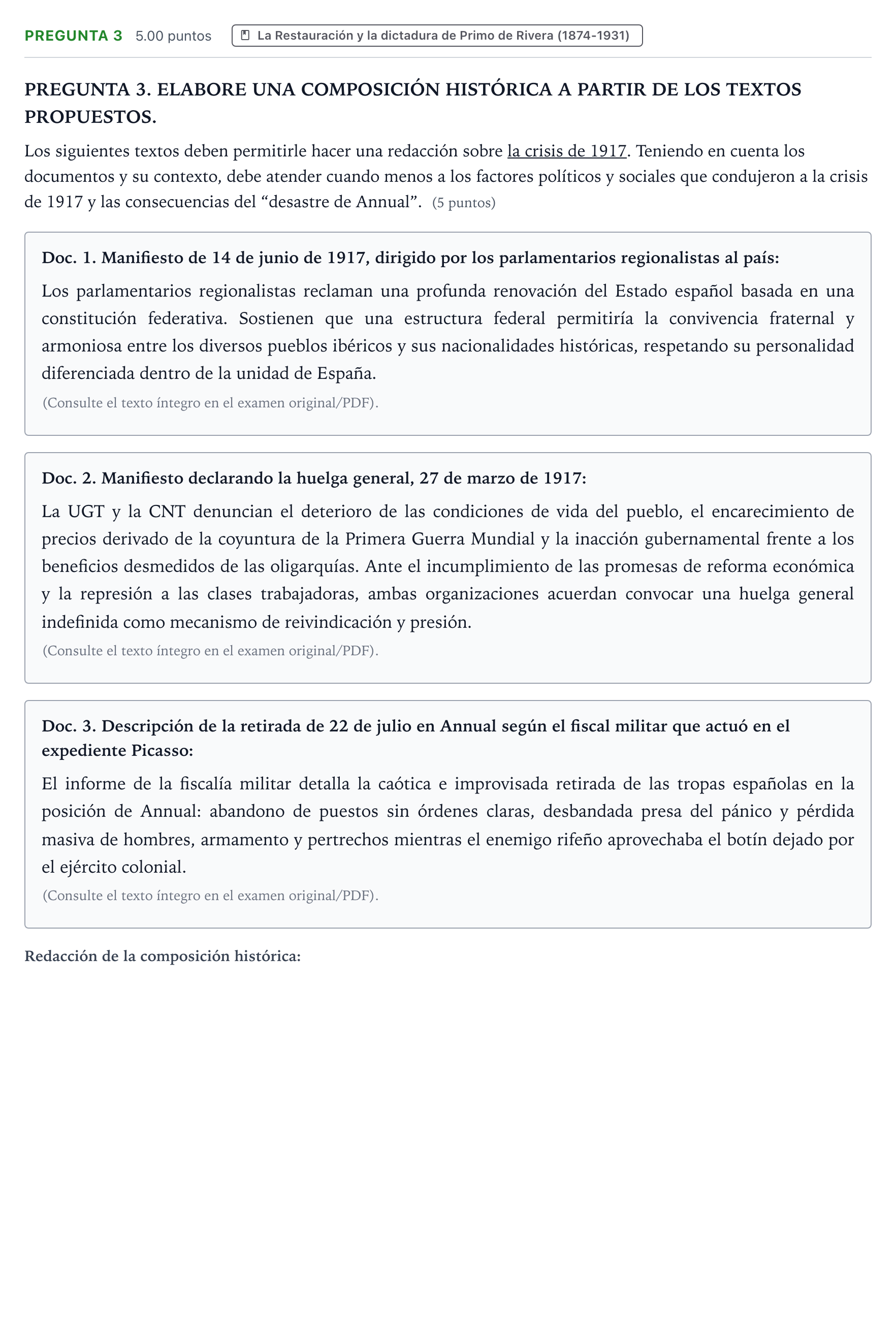 Enunciado: Pregunta 3 · Historia de España PAU Galicia Extraordinaria 2022