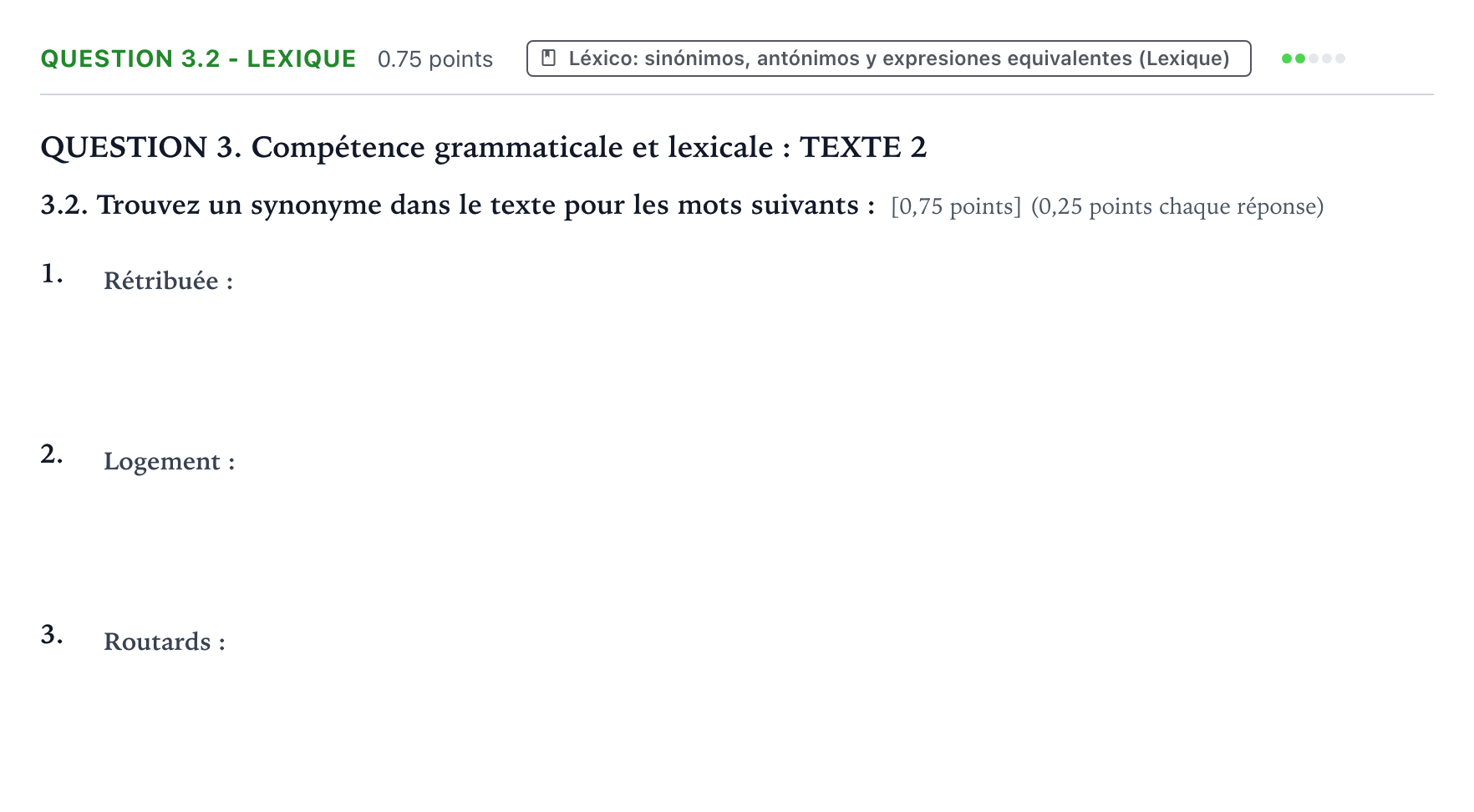Enunciado: Question 3.2 - Lexique · Francés PAU Galicia Extraordinaria 2022