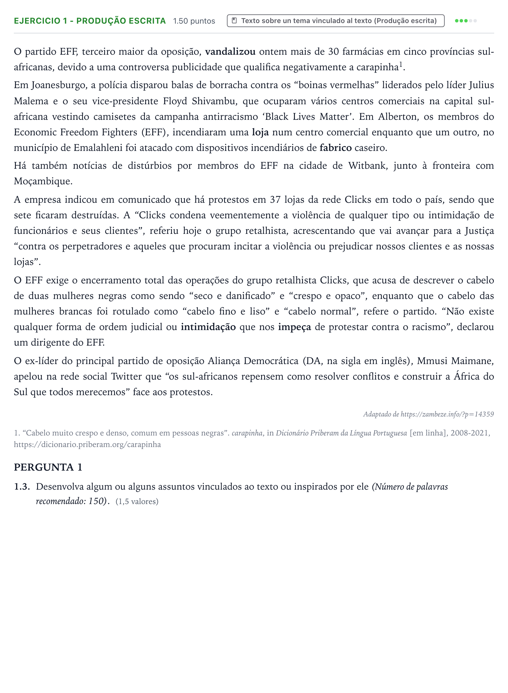 Enunciado: Ejercicio 1 - Produção escrita · Portugués PAU Galicia Ordinaria 2022