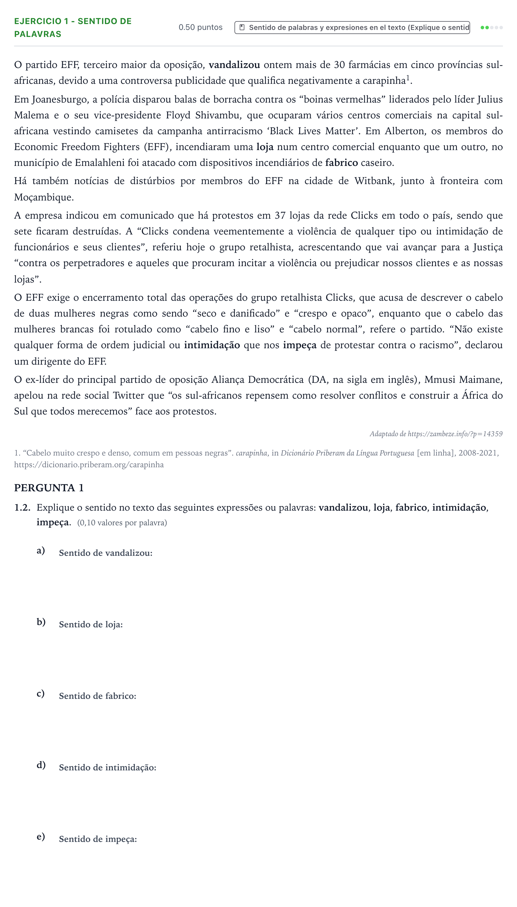 Enunciado: Ejercicio 1 - Sentido de palavras · Portugués PAU Galicia Ordinaria 2022