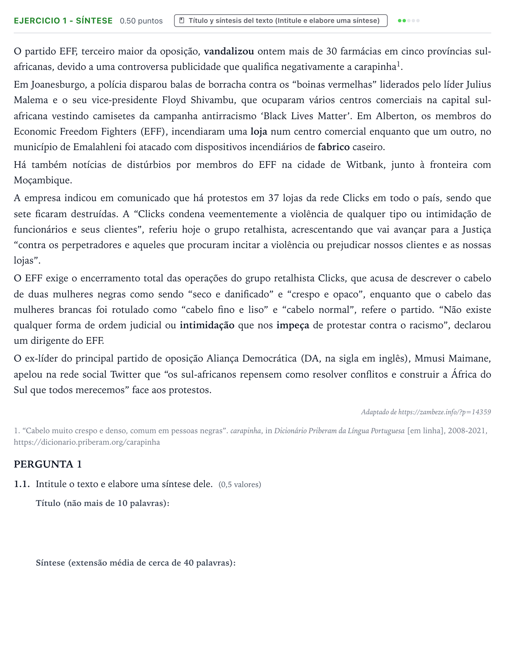 Enunciado: Ejercicio 1 - Síntese · Portugués PAU Galicia Ordinaria 2022