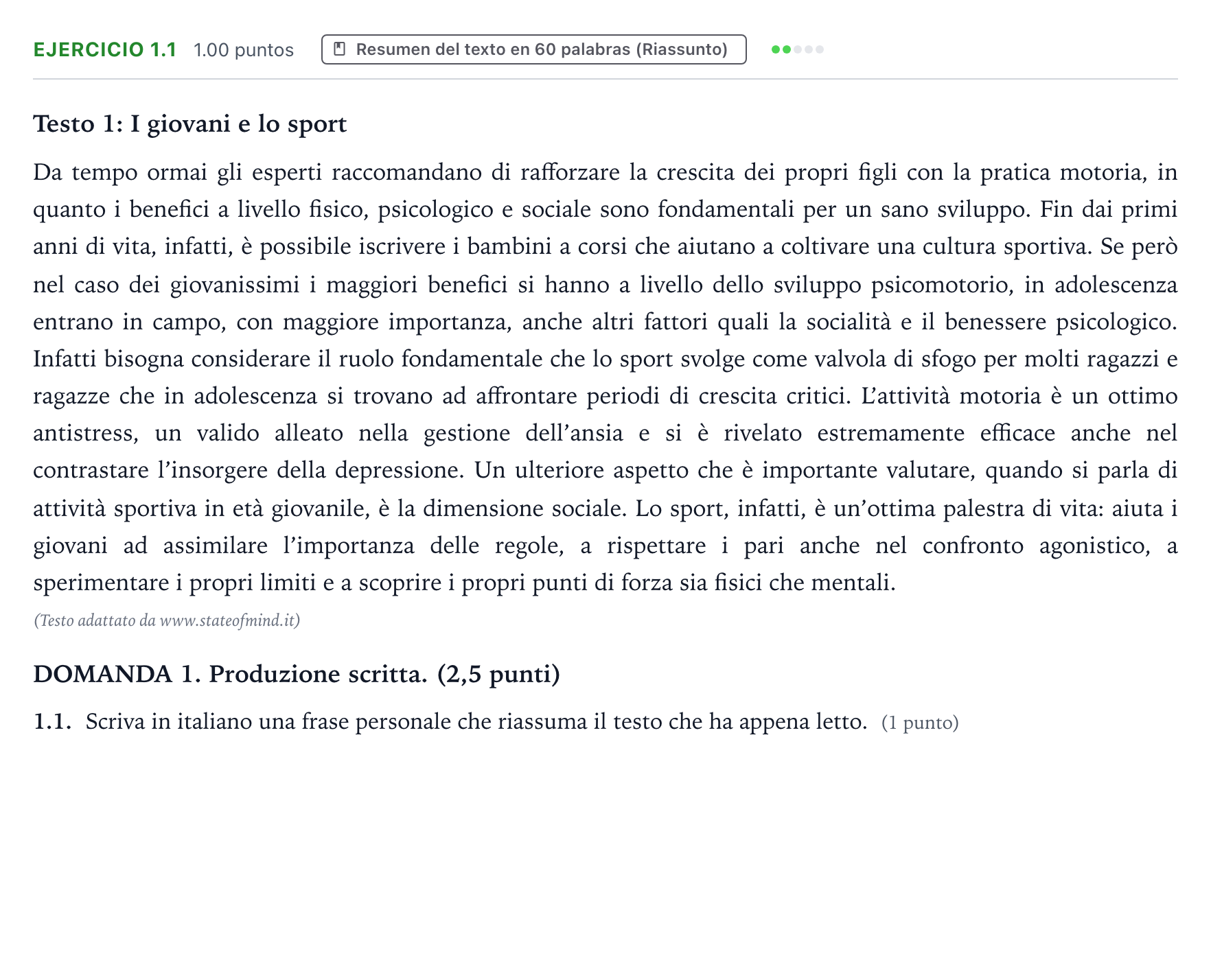 Enunciado: Ejercicio 1.1 · Italiano PAU Galicia Ordinaria 2022
