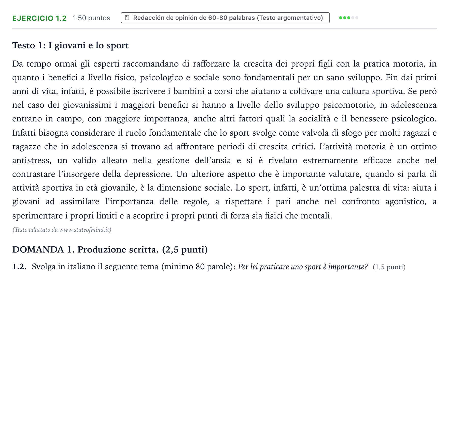 Enunciado: Ejercicio 1.2 · Italiano PAU Galicia Ordinaria 2022