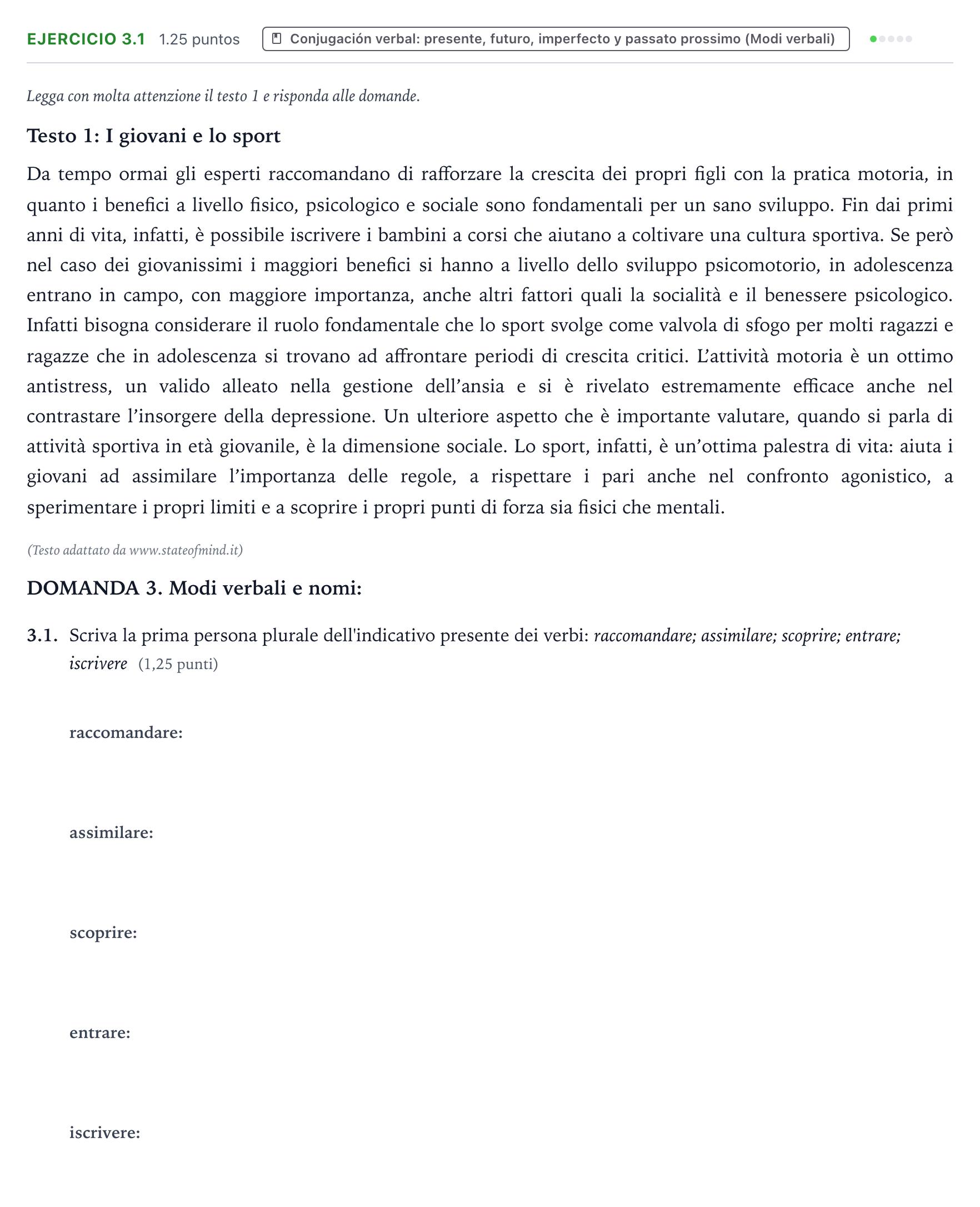 Enunciado: Ejercicio 3.1 · Italiano PAU Galicia Ordinaria 2022