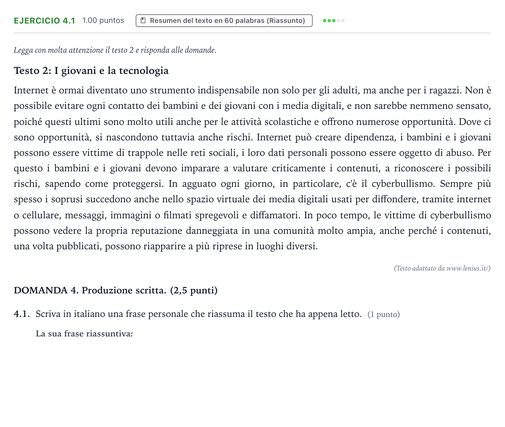 Enunciado: Ejercicio 4.1 · Italiano PAU Galicia Ordinaria 2022
