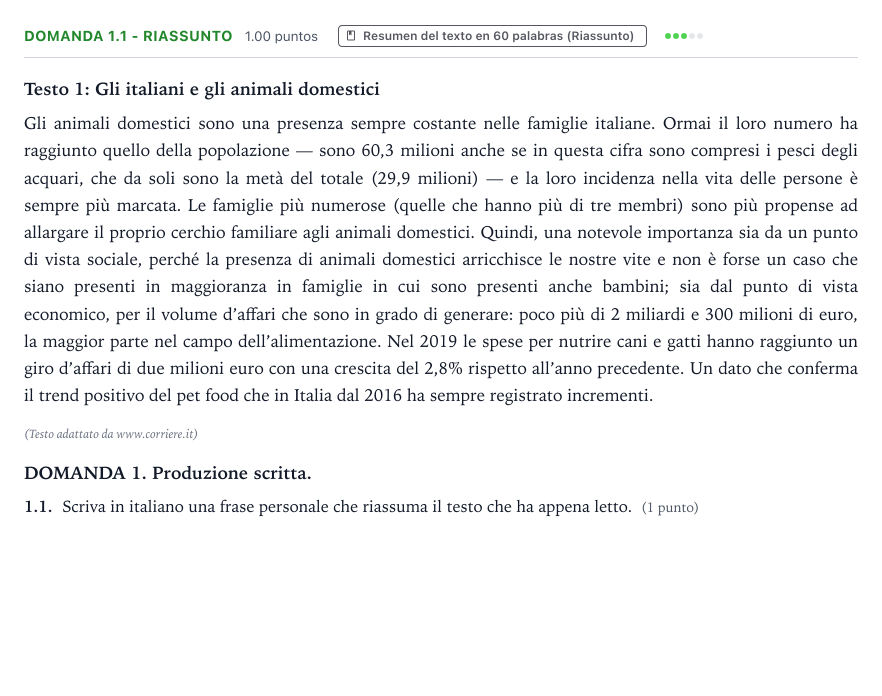 Enunciado: Ejercicio Domanda 1.1 - Riassunto · Italiano PAU Galicia Extraordinaria 2022
