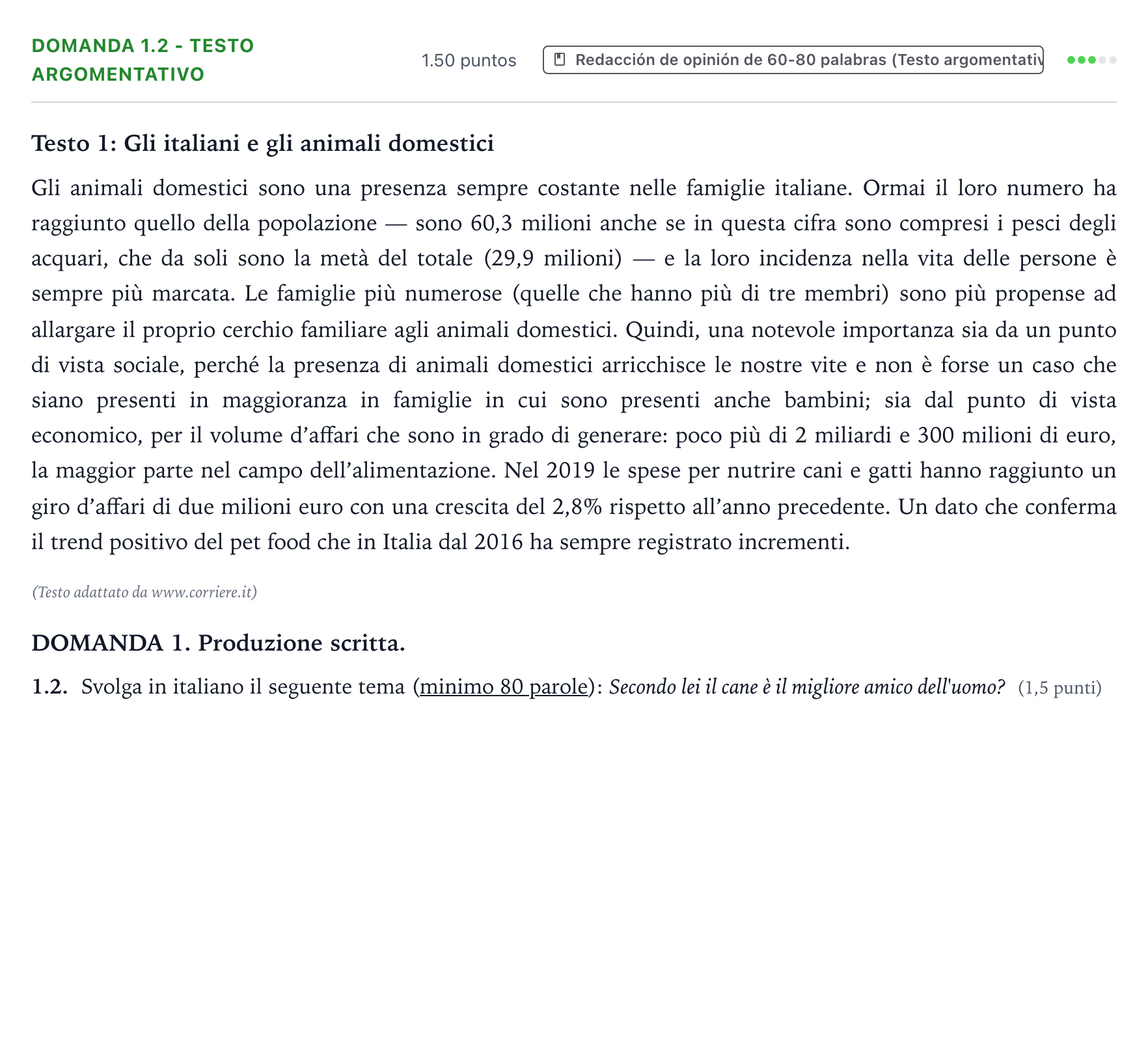 Enunciado: Ejercicio Domanda 1.2 - Testo argomentativo · Italiano PAU Galicia Extraordinaria 2022