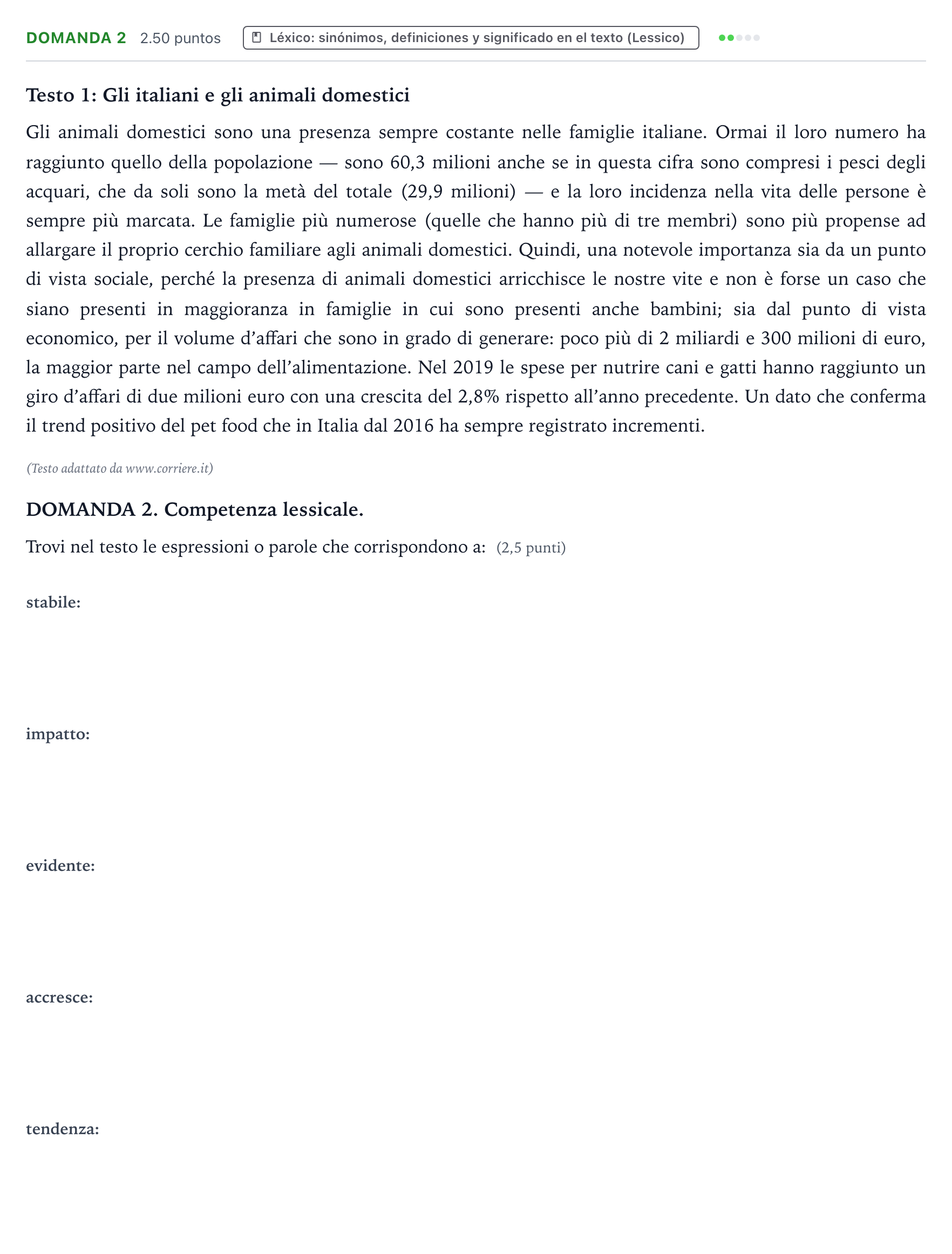 Enunciado: Ejercicio Domanda 2 · Italiano PAU Galicia Extraordinaria 2022